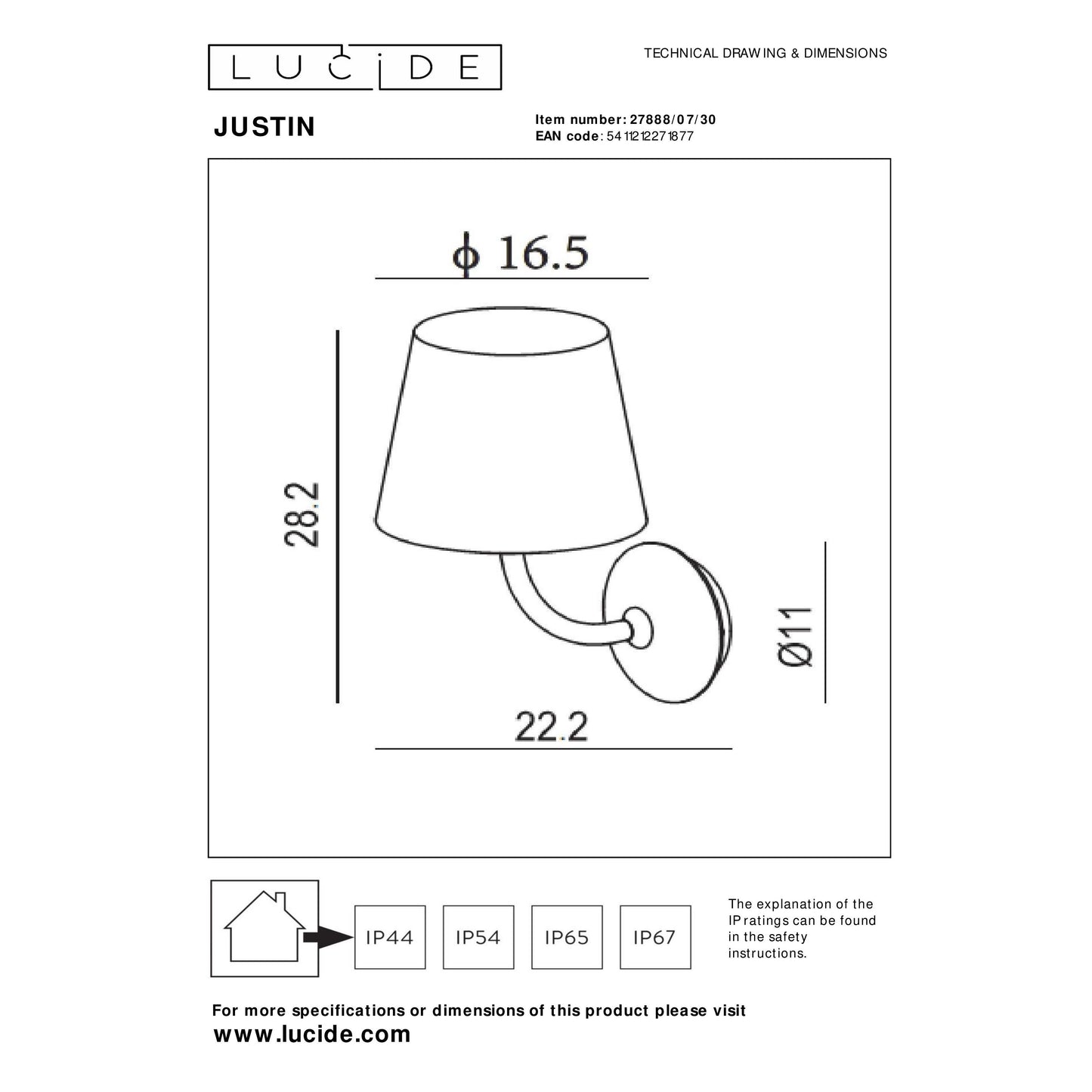 Lucide JUSTIN - Wall light Indoor/Outdoor - LED Dim. - 1x7W 3000K - IP65 - Black