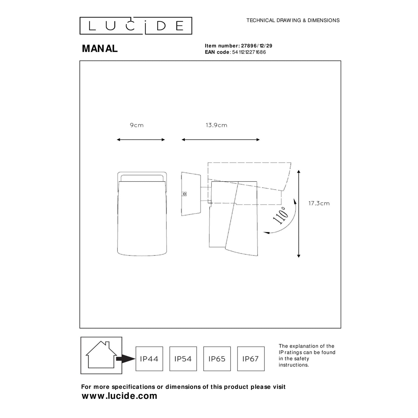 Lucide MANAL - Wall spotlight / Wall light Indoor/Outdoor - LED - 1x13W 3000K - IP65 - Anthracite