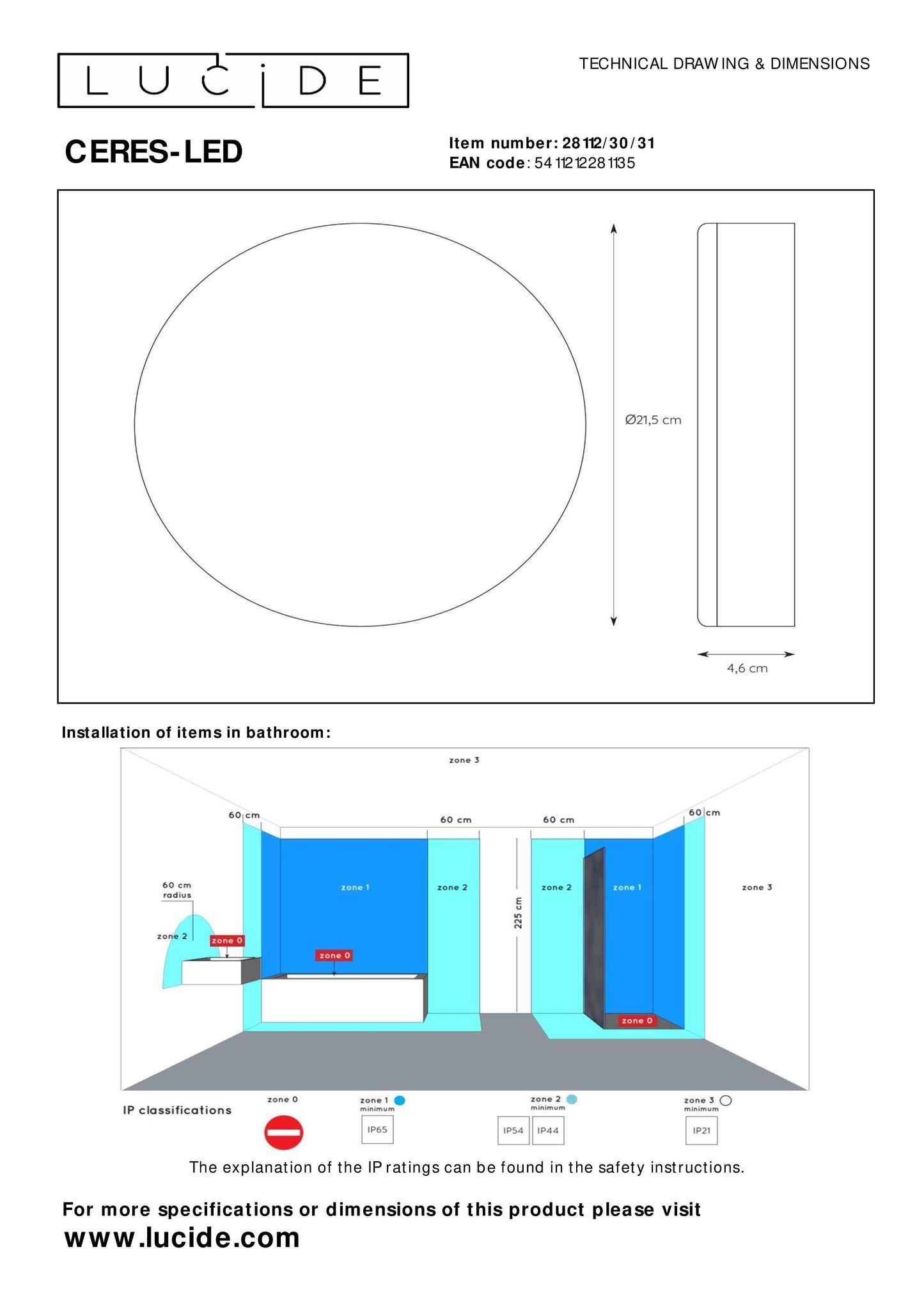 Lucide CERES-LED - Flush ceiling light Bathroom - Ø 21,5 cm - LED Dim. - 1x30W 3000K - IP44 - White