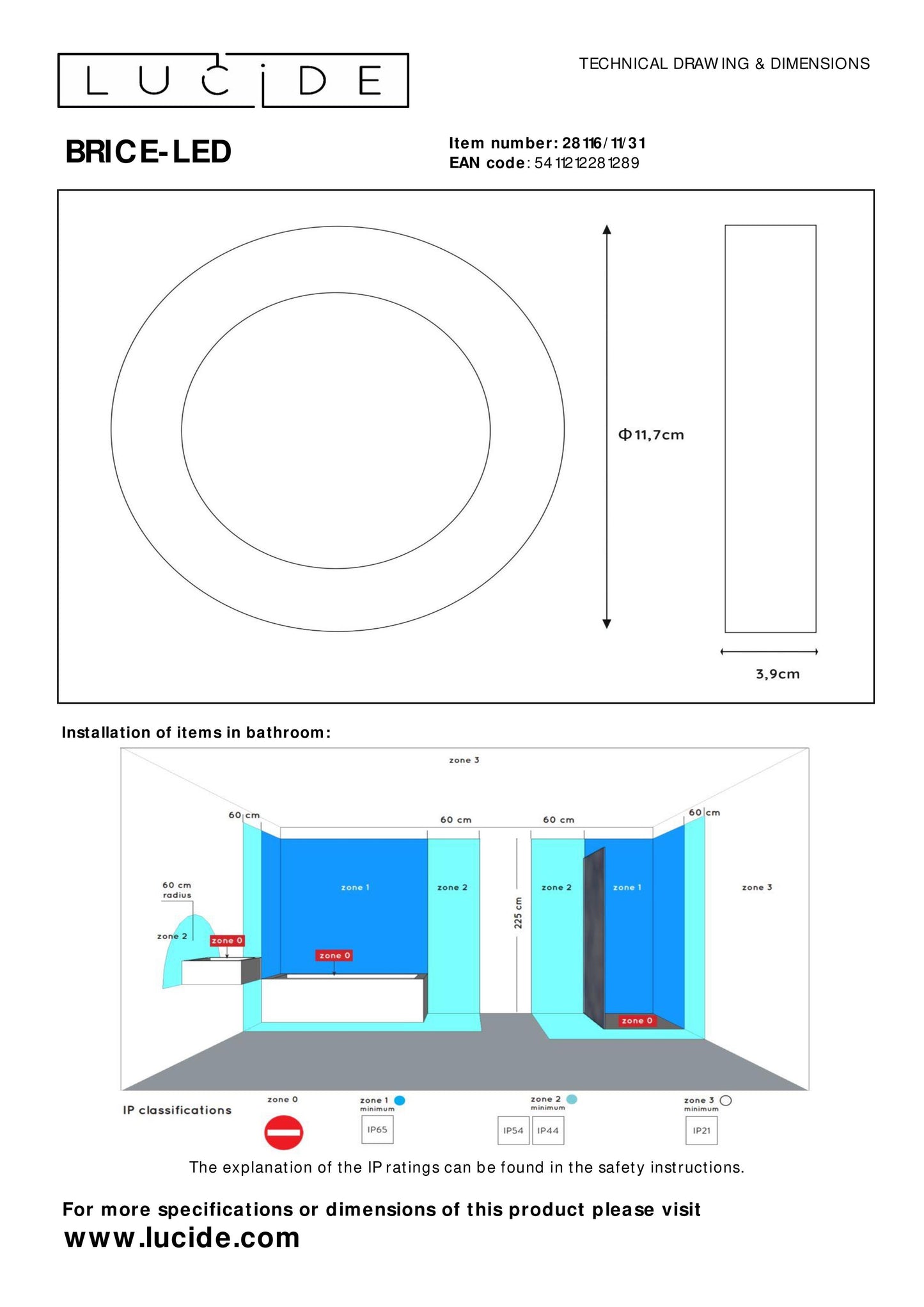 Lucide BRICE-LED - Flush ceiling light Bathroom - Ø 11,7 cm - LED Dim. - 1x8W 3000K - IP44 - White