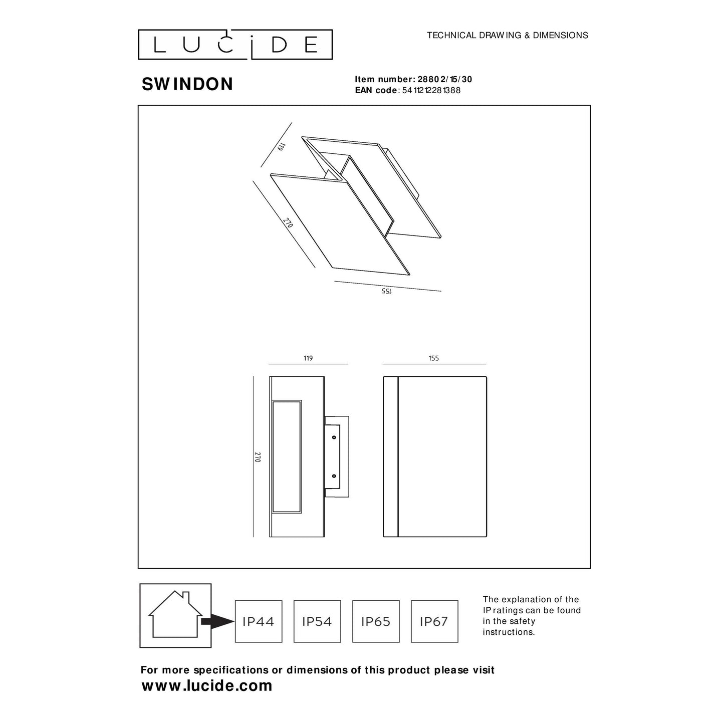 Lucide SWINDON - Wall light Indoor/Outdoor - LED - 1x16W 2700K - IP54 - Black