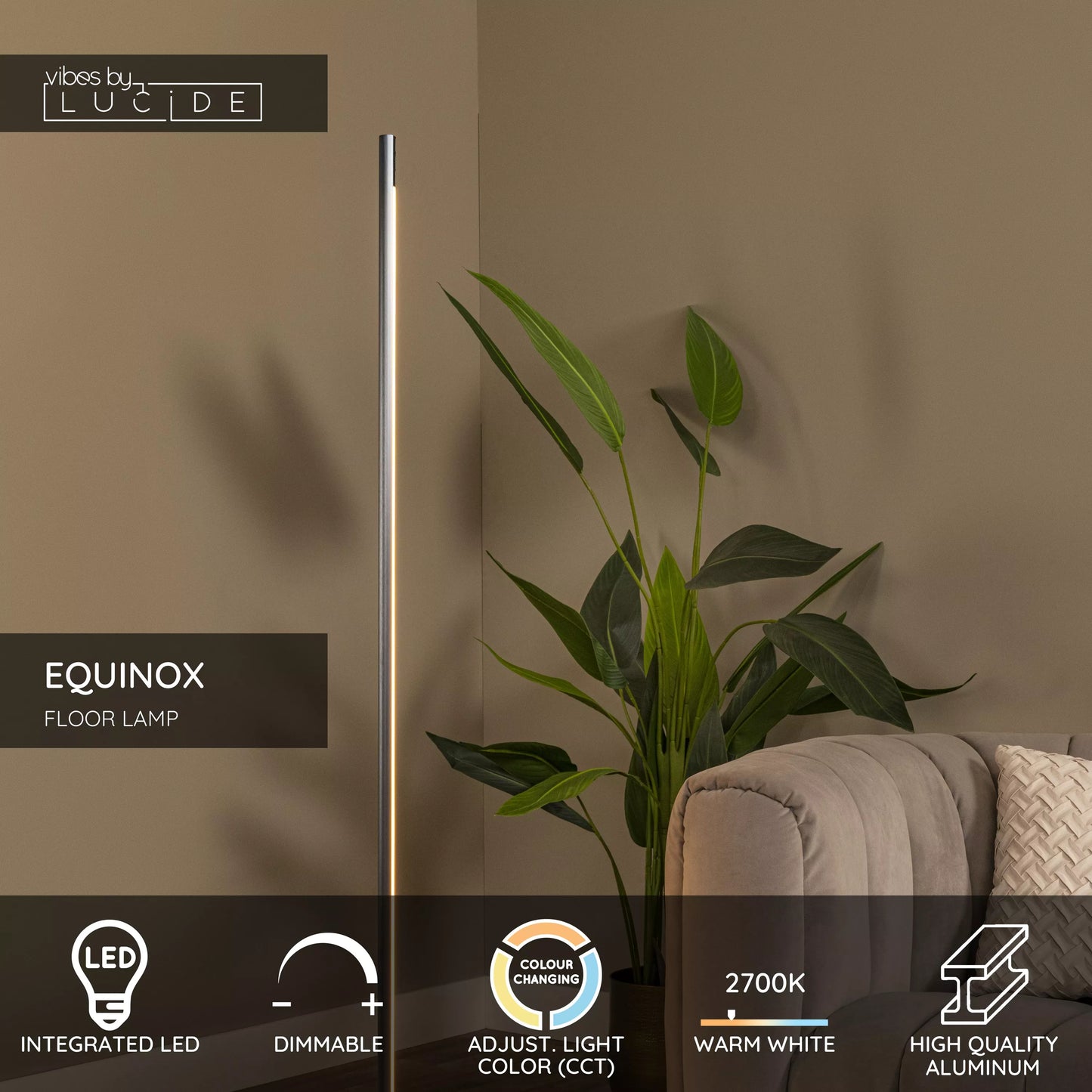 Lucide EQUINOX - Floor lamp - LED Dim. - CCT - 1x26W 2700K/4000K - Hand Wave Sensor - Grey iron | Vibes
