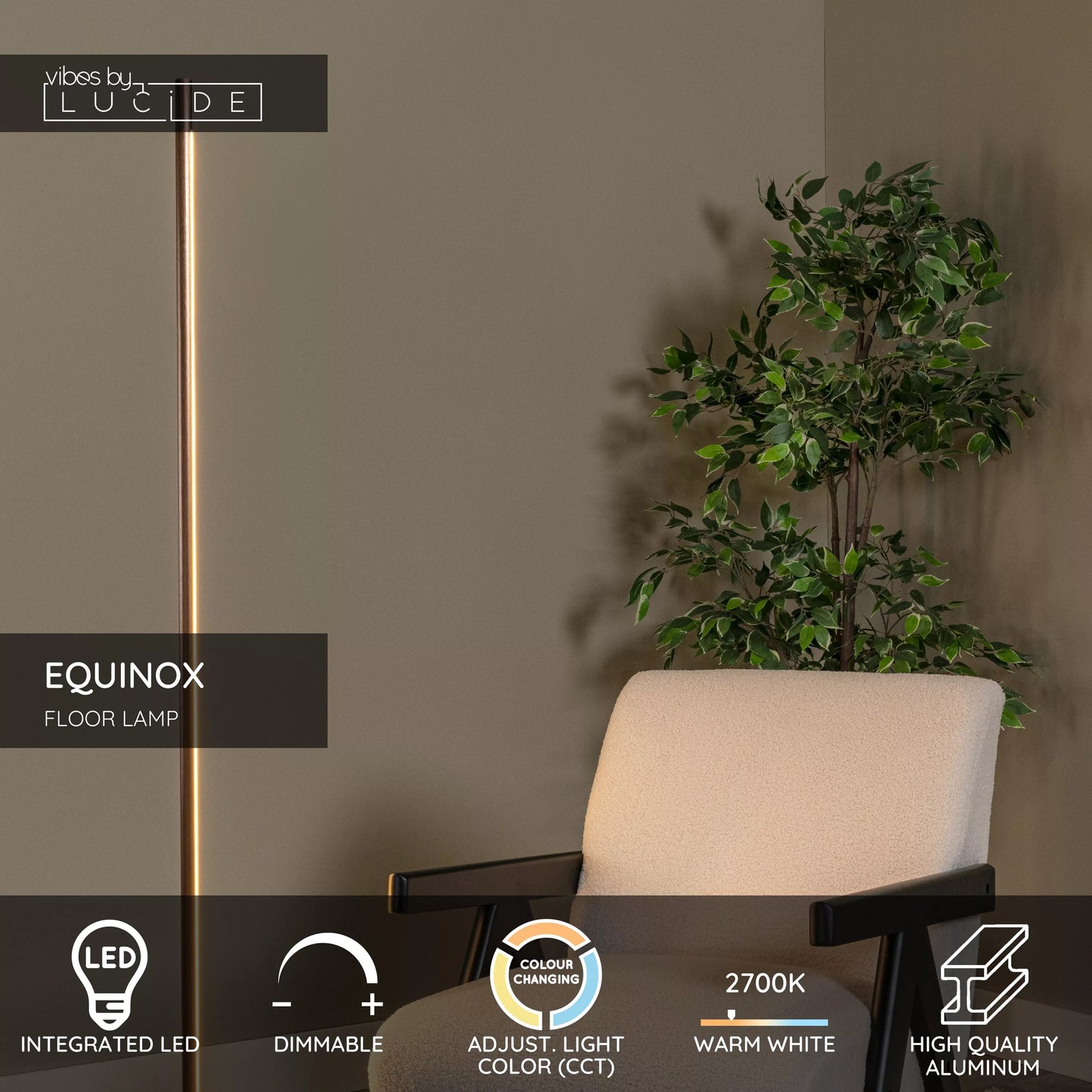 Lucide EQUINOX - Floor lamp - LED Dim. - CCT - 1x26W 2700K/4000K - Hand Wave Sensor - Coffee | Vibes