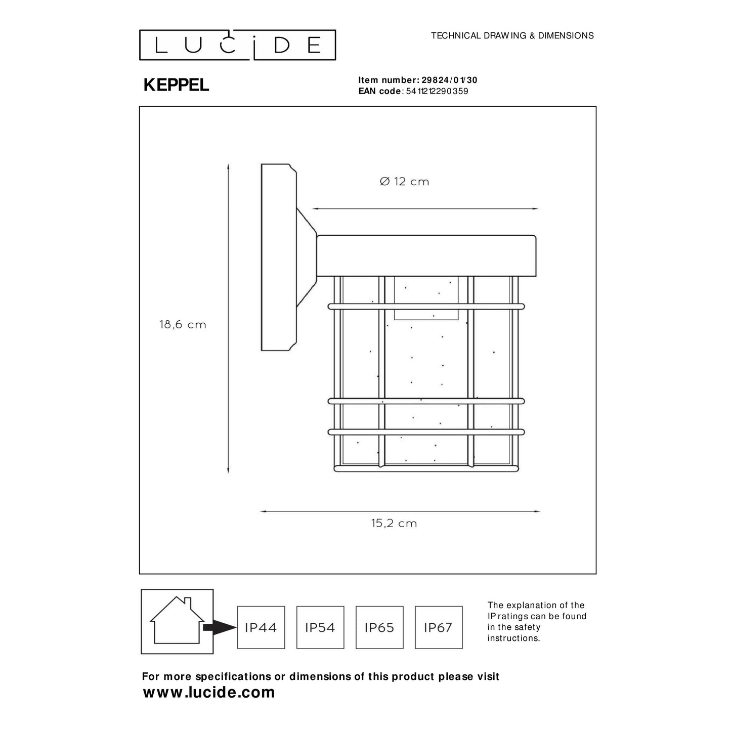 Lucide KEPPEL - Wall light Indoor/Outdoor - 1xE27 - IP23 - Black