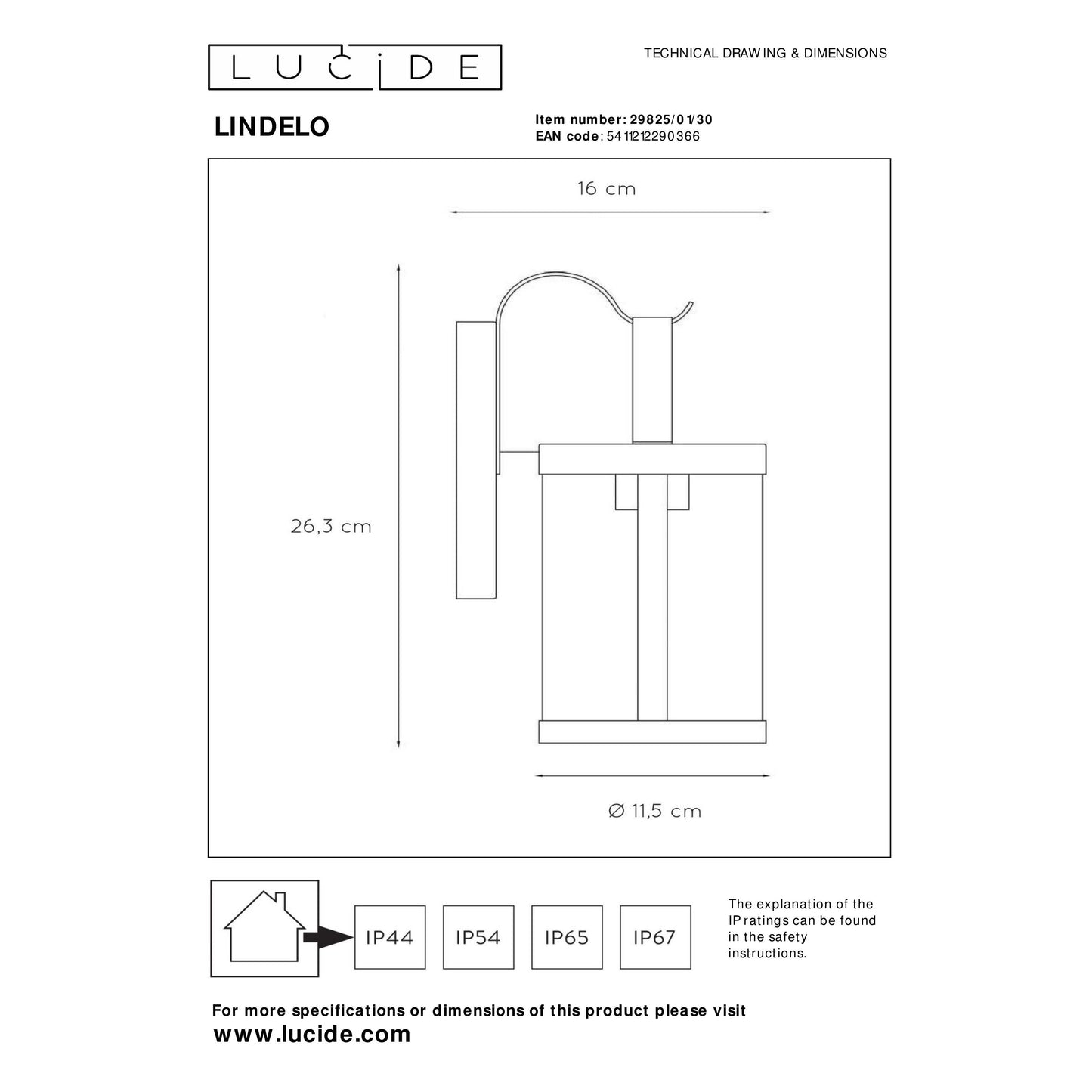 Lucide LINDELO - Wall light Indoor/Outdoor - 1xE27 - IP23 - Black