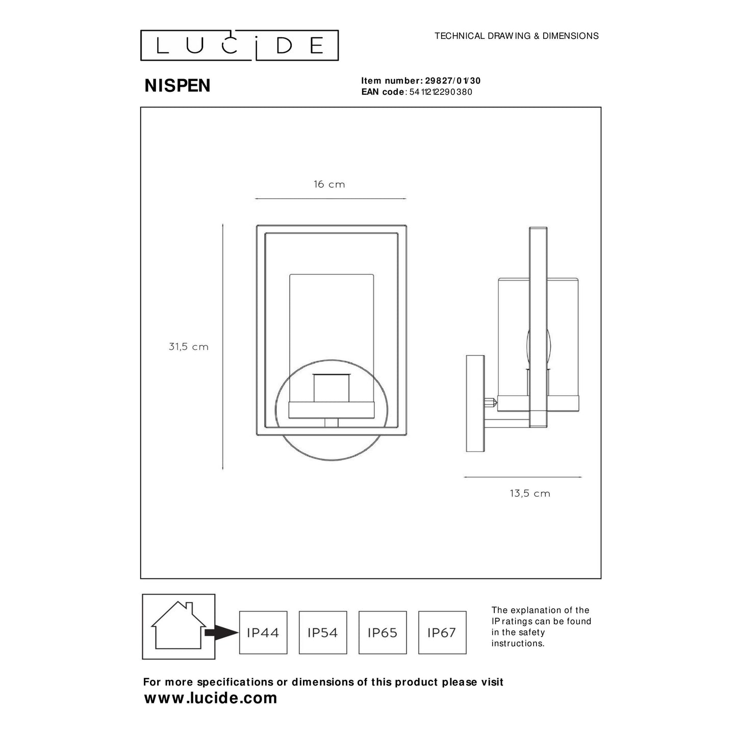 Lucide NISPEN - Wall light Indoor/Outdoor - 1xE14 - IP44 - Black