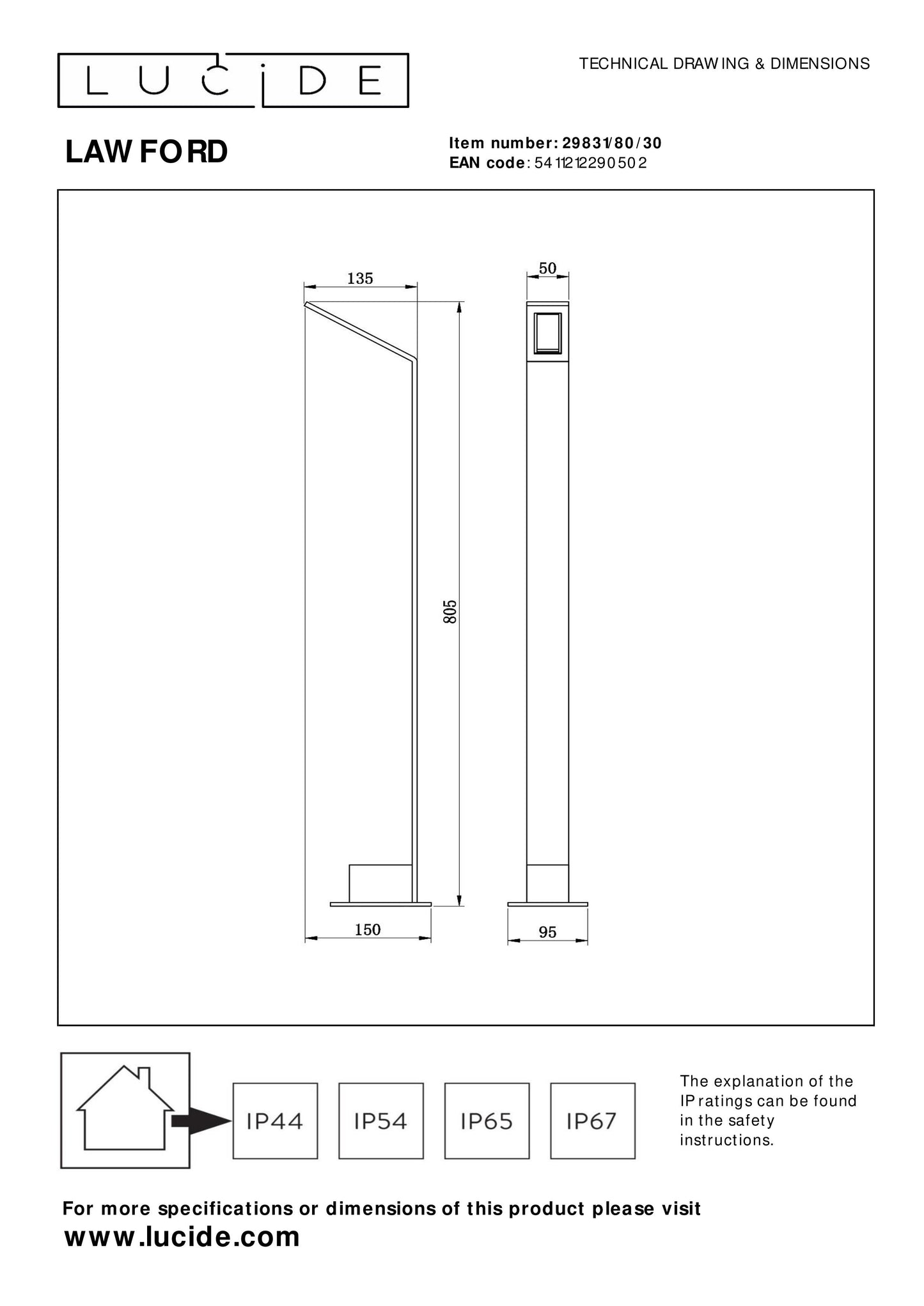 Lucide LAWFORD - Bollard light - LED - 1x6W 3000K - IP54 - Black