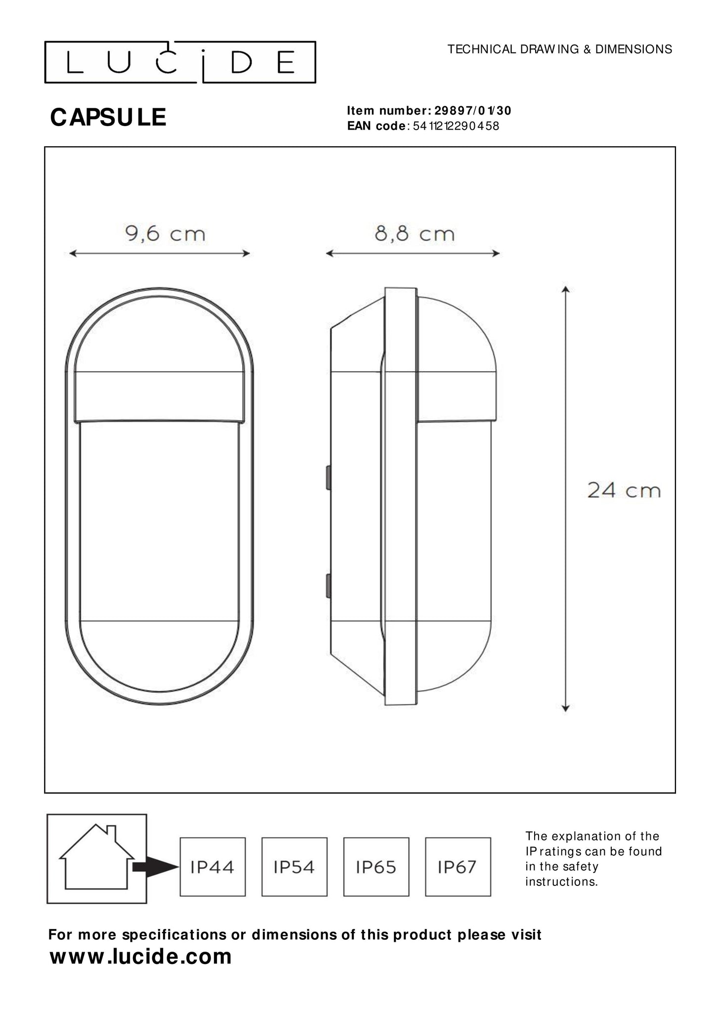 Lucide CAPSULE - Wall light Indoor/Outdoor - 1xE27 - IP54 - Black