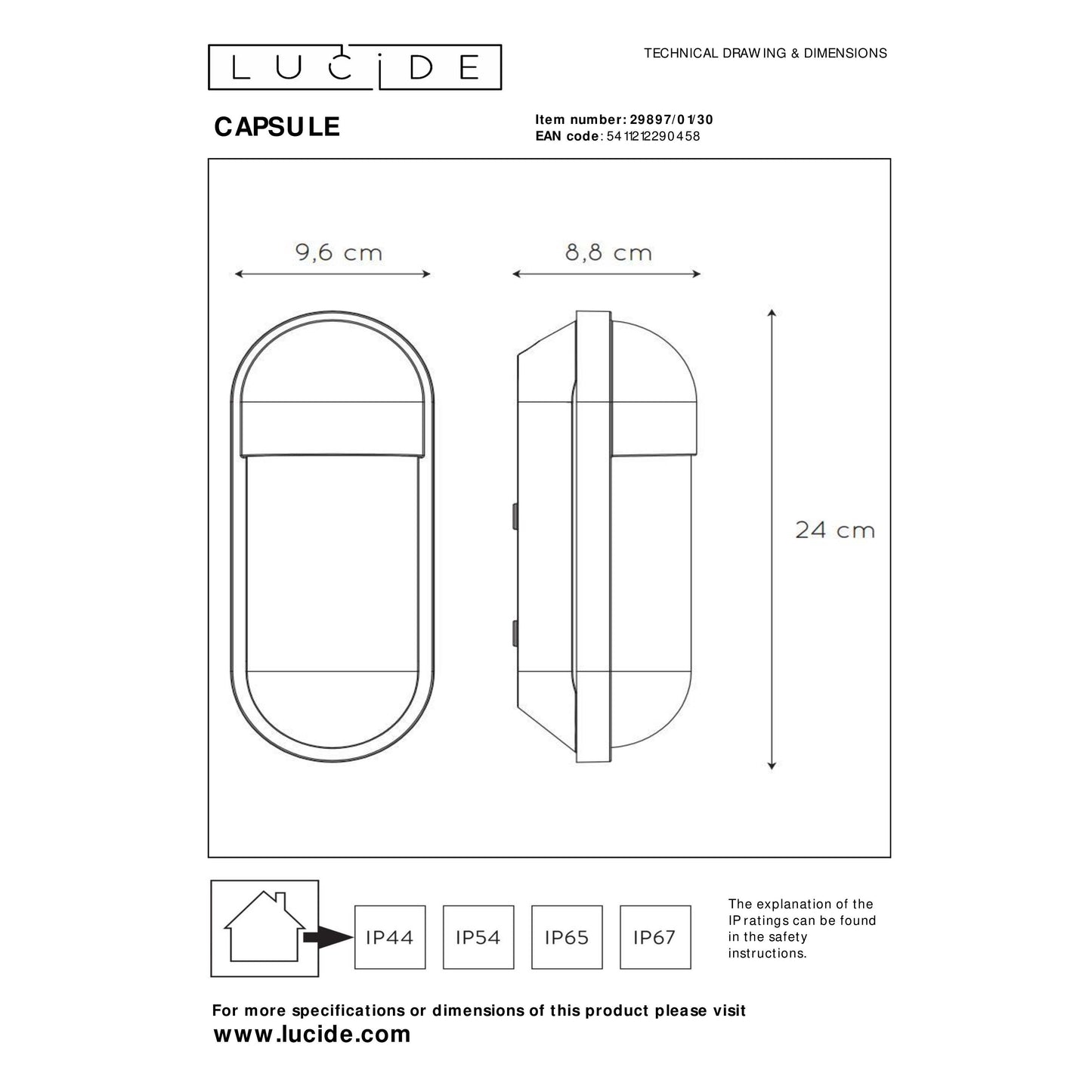 Lucide CAPSULE - Wall light Indoor/Outdoor - 1xE27 - IP54 - Black