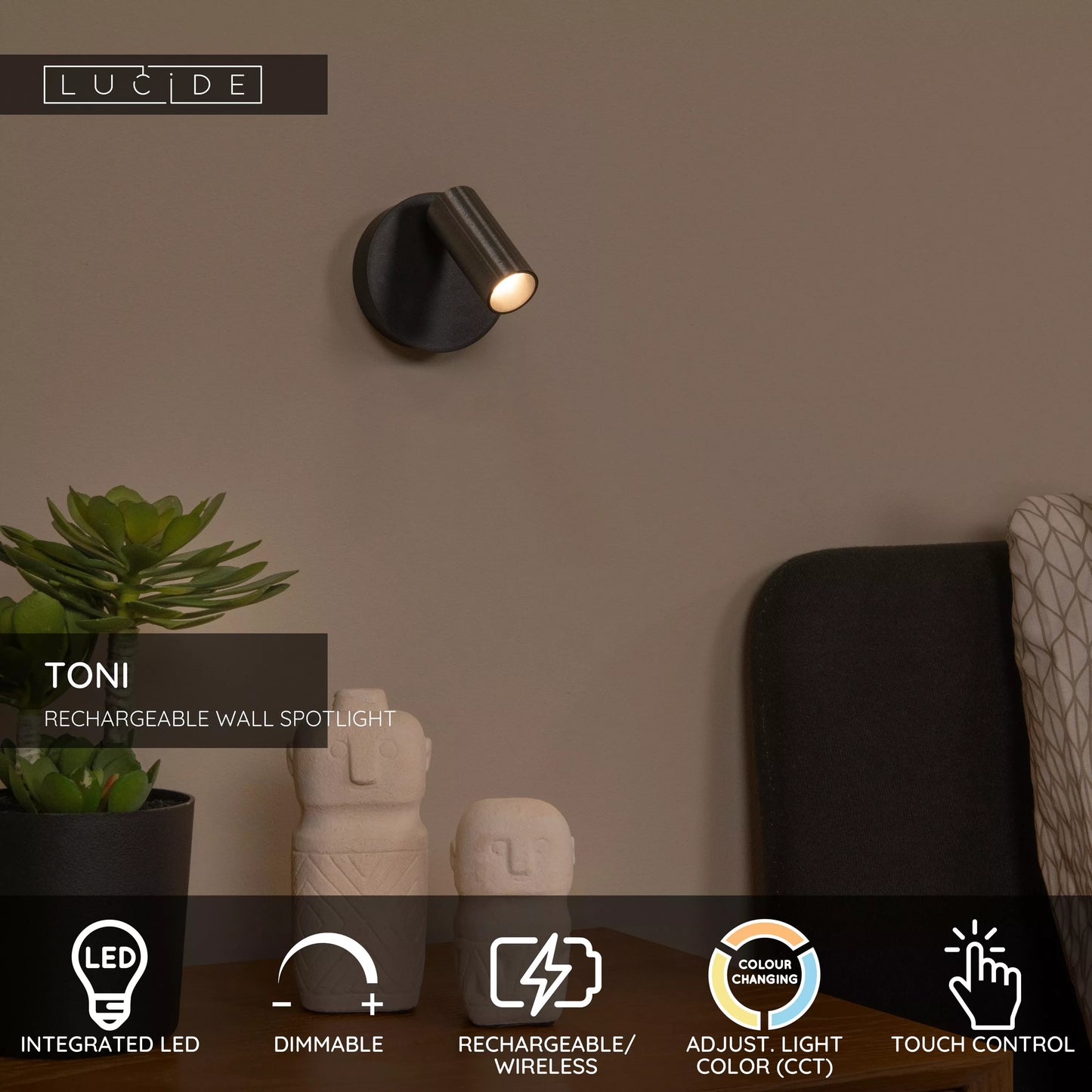 Lucide TONI - Rechargeable Wall spotlight / Wall light - Battery pack - Ø 8,1 cm - LED Dim. - CCT - 1x2W 2700K/4000K - Magnetic - Grey iron