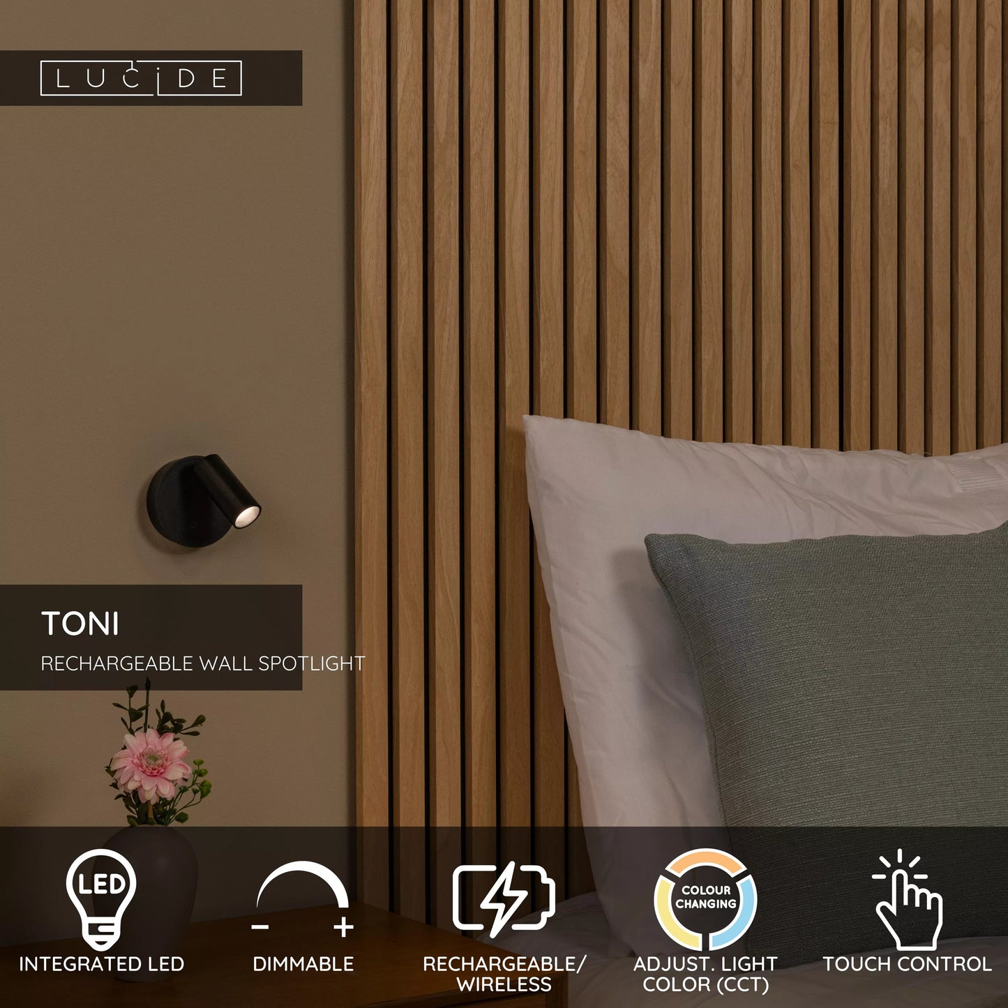 Lucide TONI - Rechargeable Wall spotlight / Wall light - Battery pack - Ø 8,1 cm - LED Dim. - CCT - 1x2W 2700K/4000K - Magnetic - Black