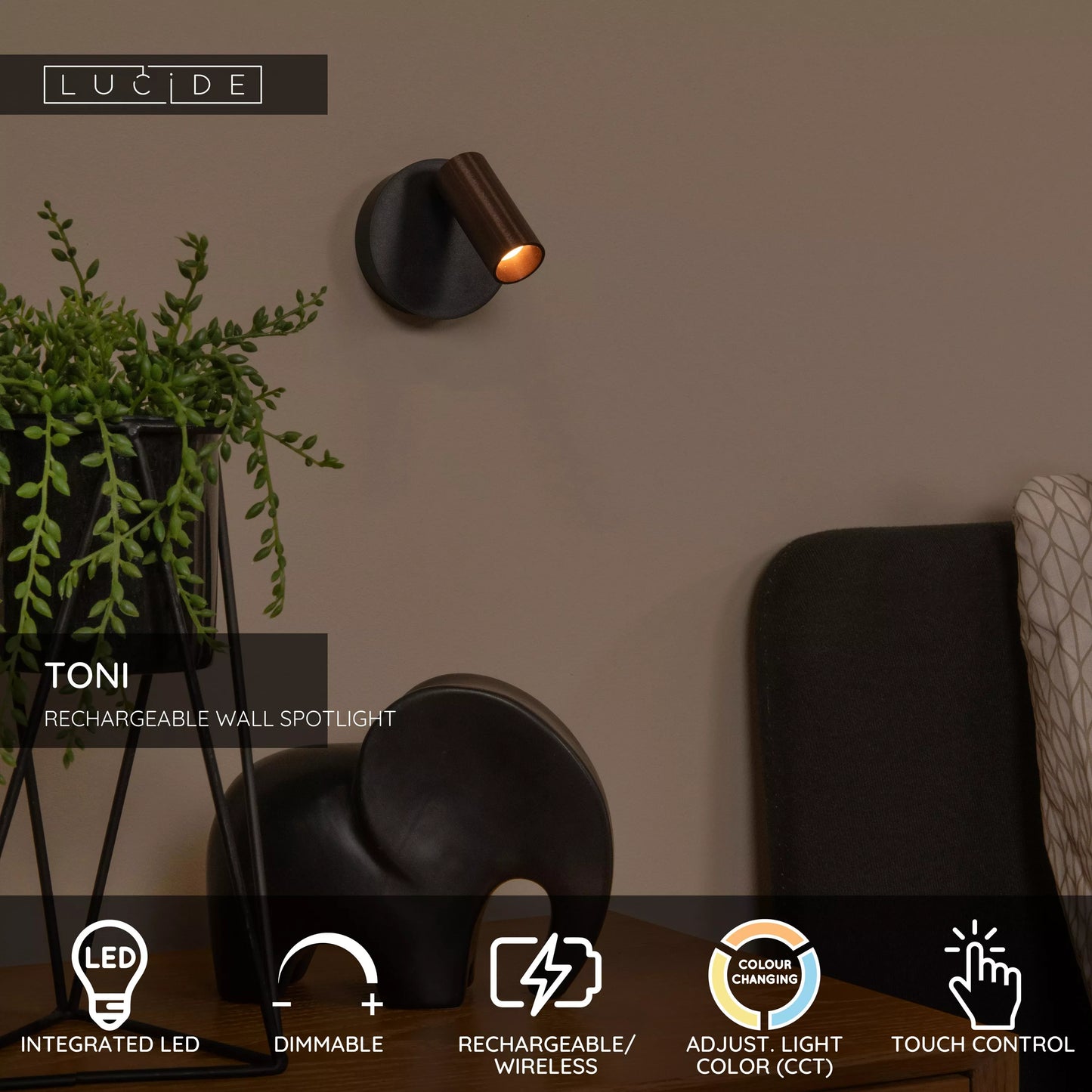 Lucide TONI - Rechargeable Wall spotlight / Wall light - Battery pack - Ø 8,1 cm - LED Dim. - CCT - 1x2W 2700K/4000K - Magnetic - Coffee
