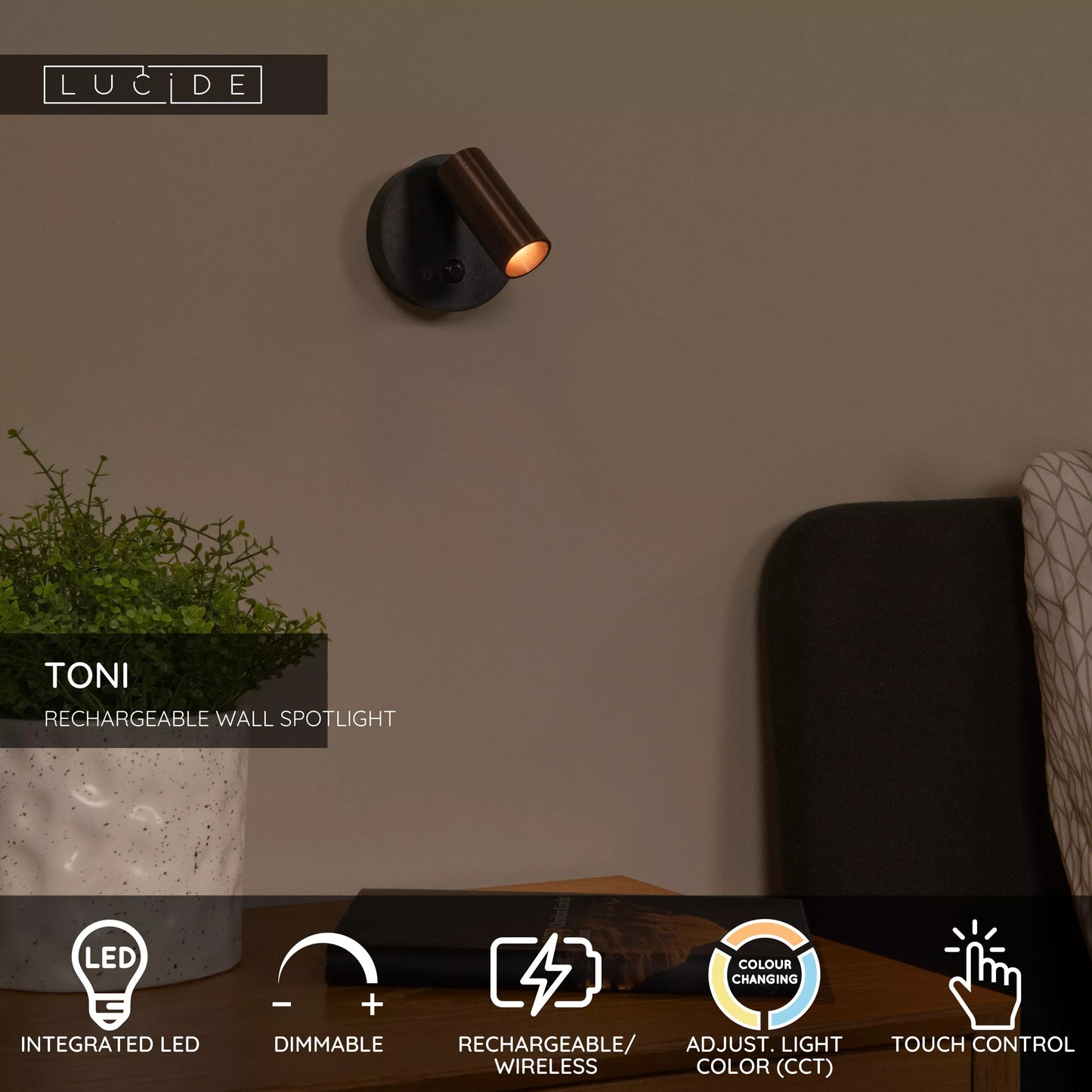 Lucide TONI - Rechargeable Wall spotlight / Wall light - Battery pack - Ø 8,1 cm - LED Dim. - CCT - 1x2W 2700K/4000K - Motion Sensor (deactivatable) - Magnetic - Grey iron