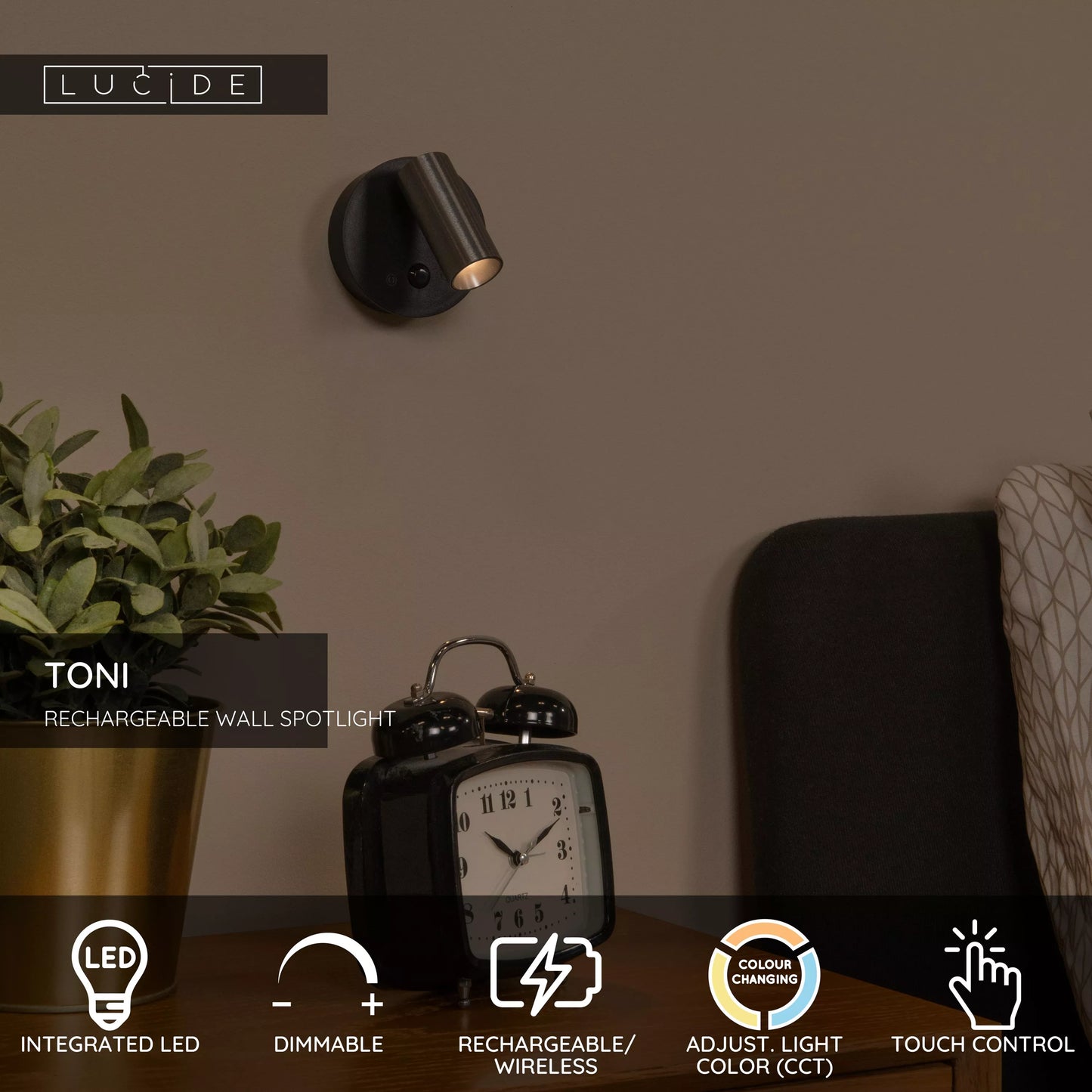 Lucide TONI - Rechargeable Wall spotlight / Wall light - Battery pack - Ø 8,1 cm - LED Dim. - CCT - 1x2W 2700K/4000K - Motion Sensor (deactivatable) - Magnetic - Coffee