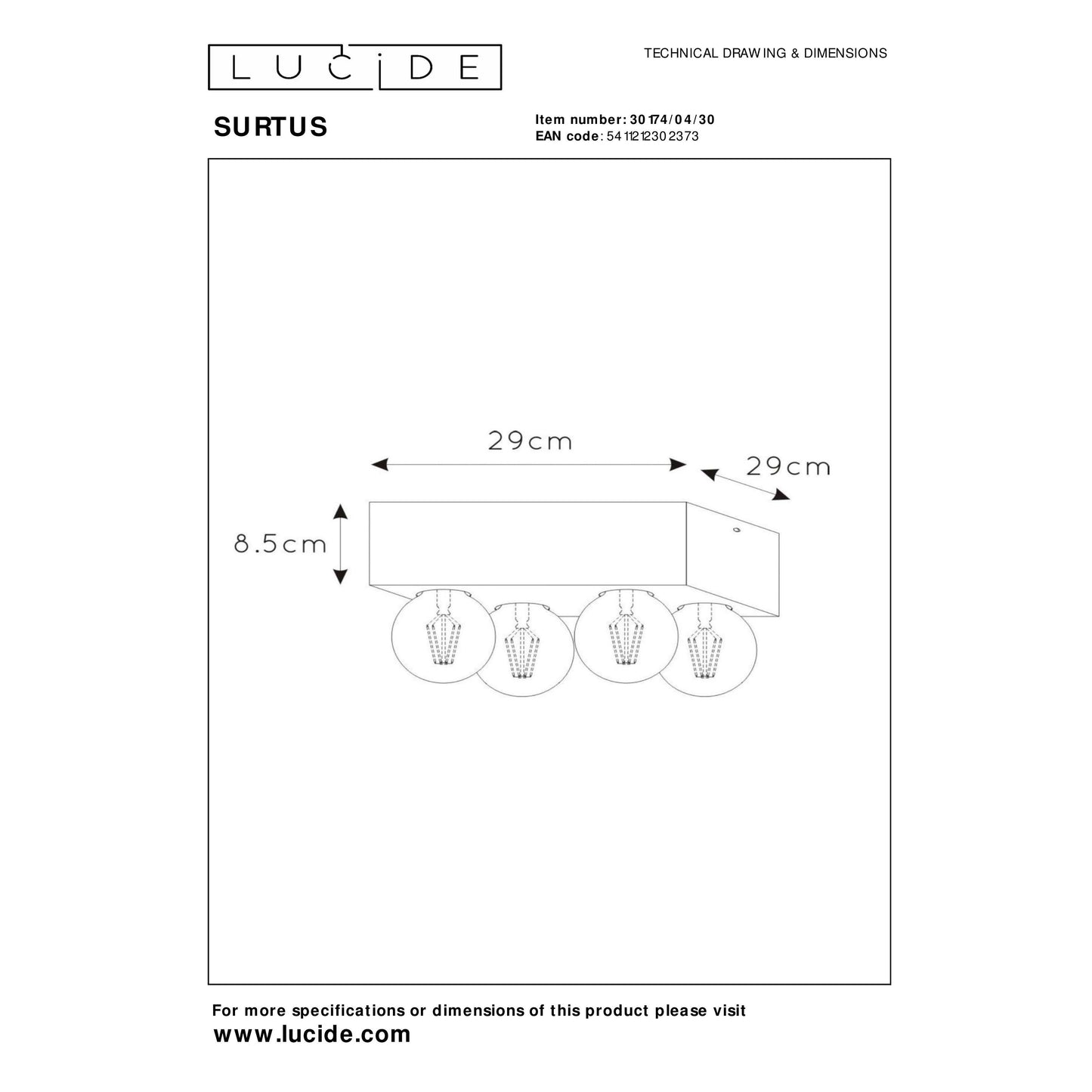 Lucide SURTUS - Flush ceiling light - 4xE27 - Black