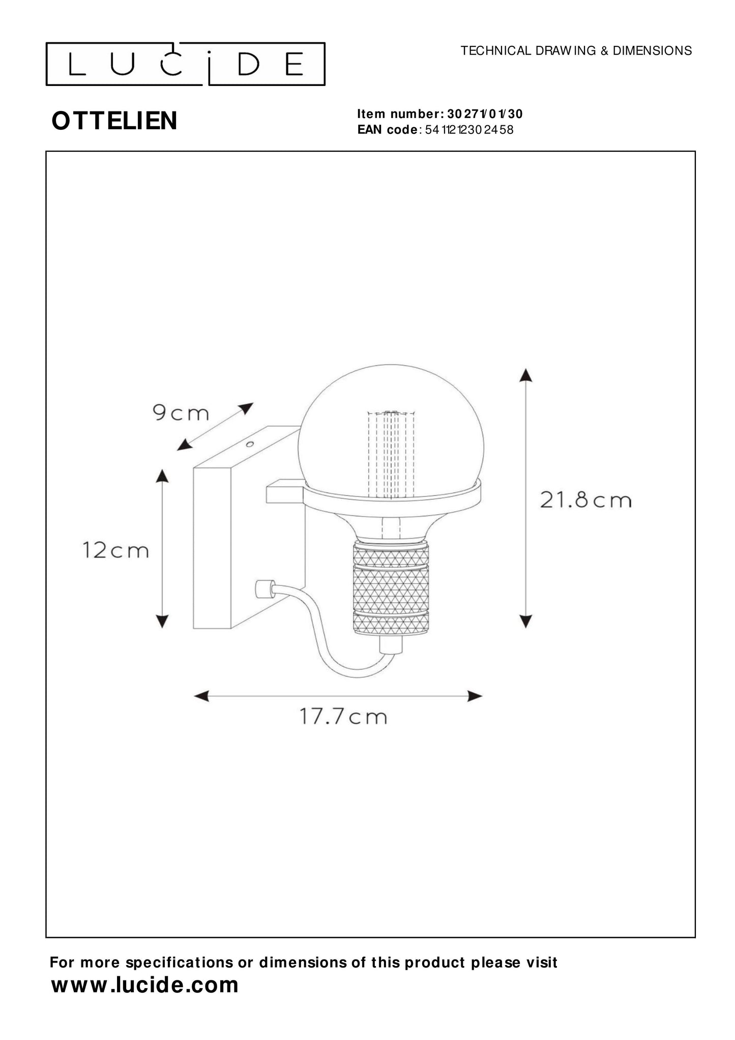 Lucide OTTELIEN - Wall light - Ø 17,7 cm - 1xE27 - Black