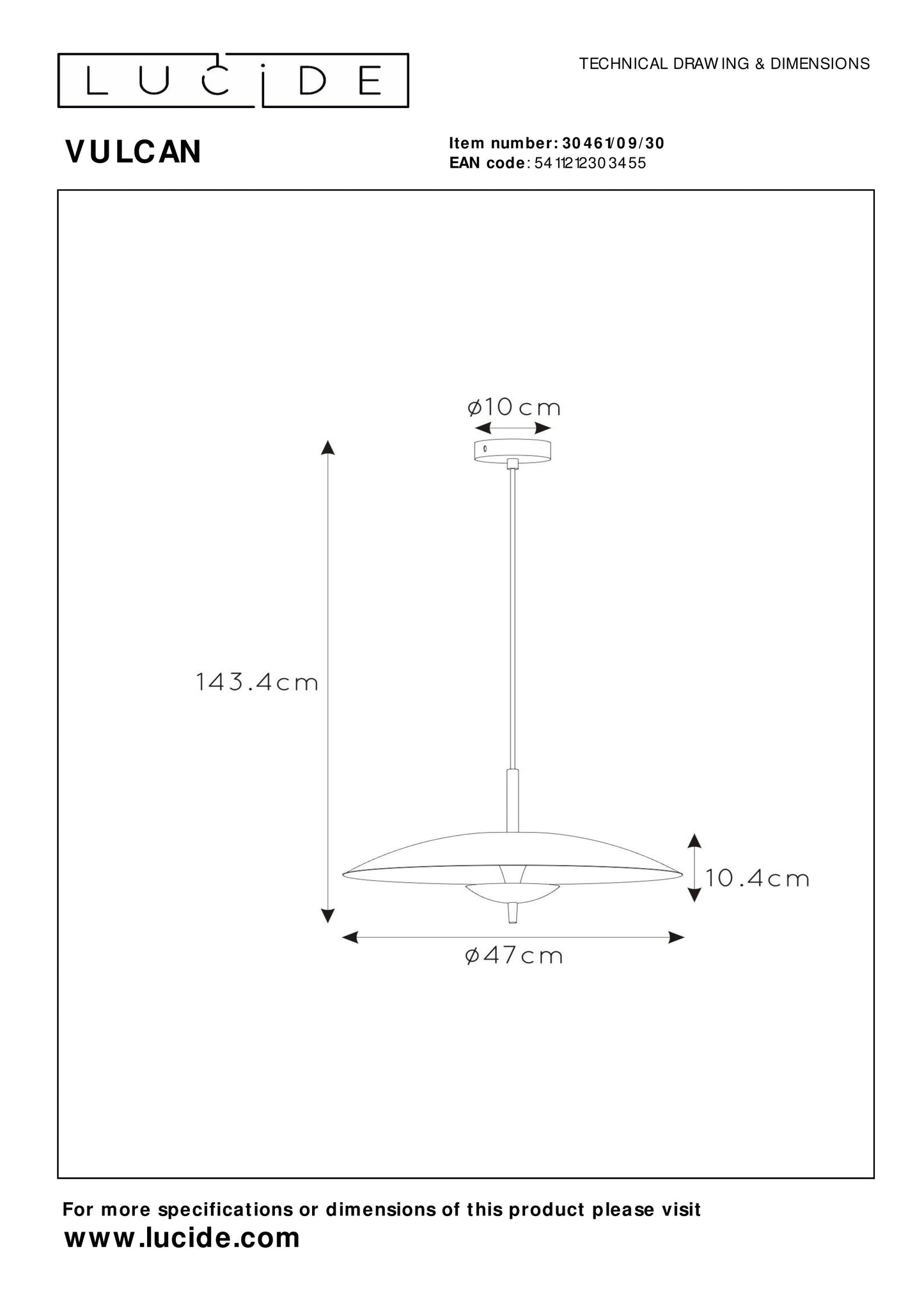 Lucide VULCAN - Pendant light - Ø 47 cm - LED Dim. - 1x9W 3000K - Black