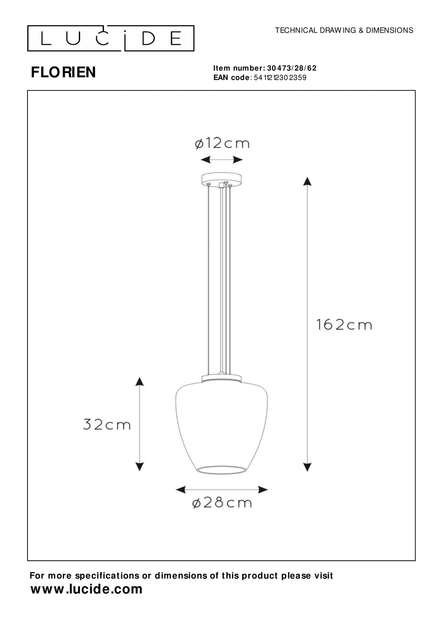 Lucide FLORIEN - Pendant light - Ø 28 cm - 1xE27 - Amber