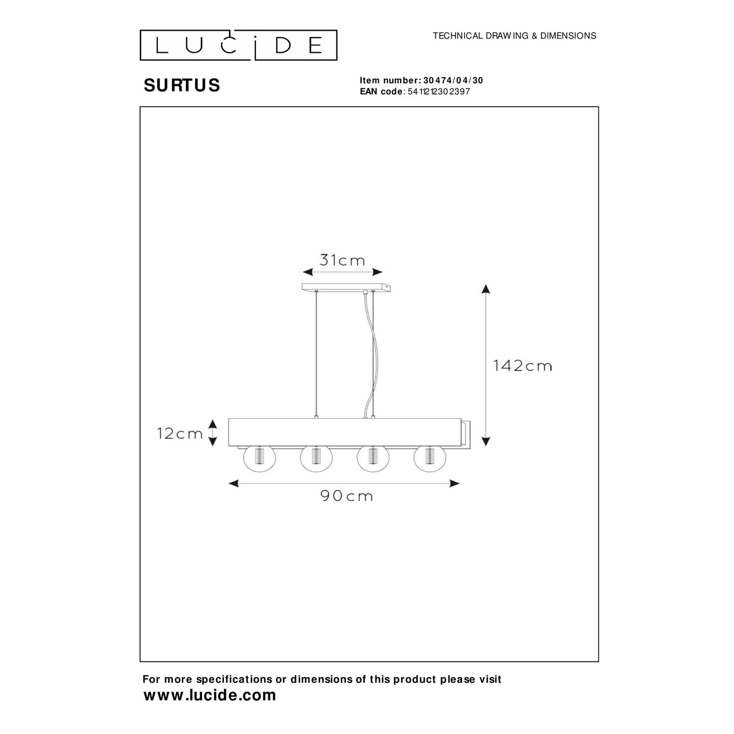 Lucide SURTUS - Pendant light - 4xE27 - Black