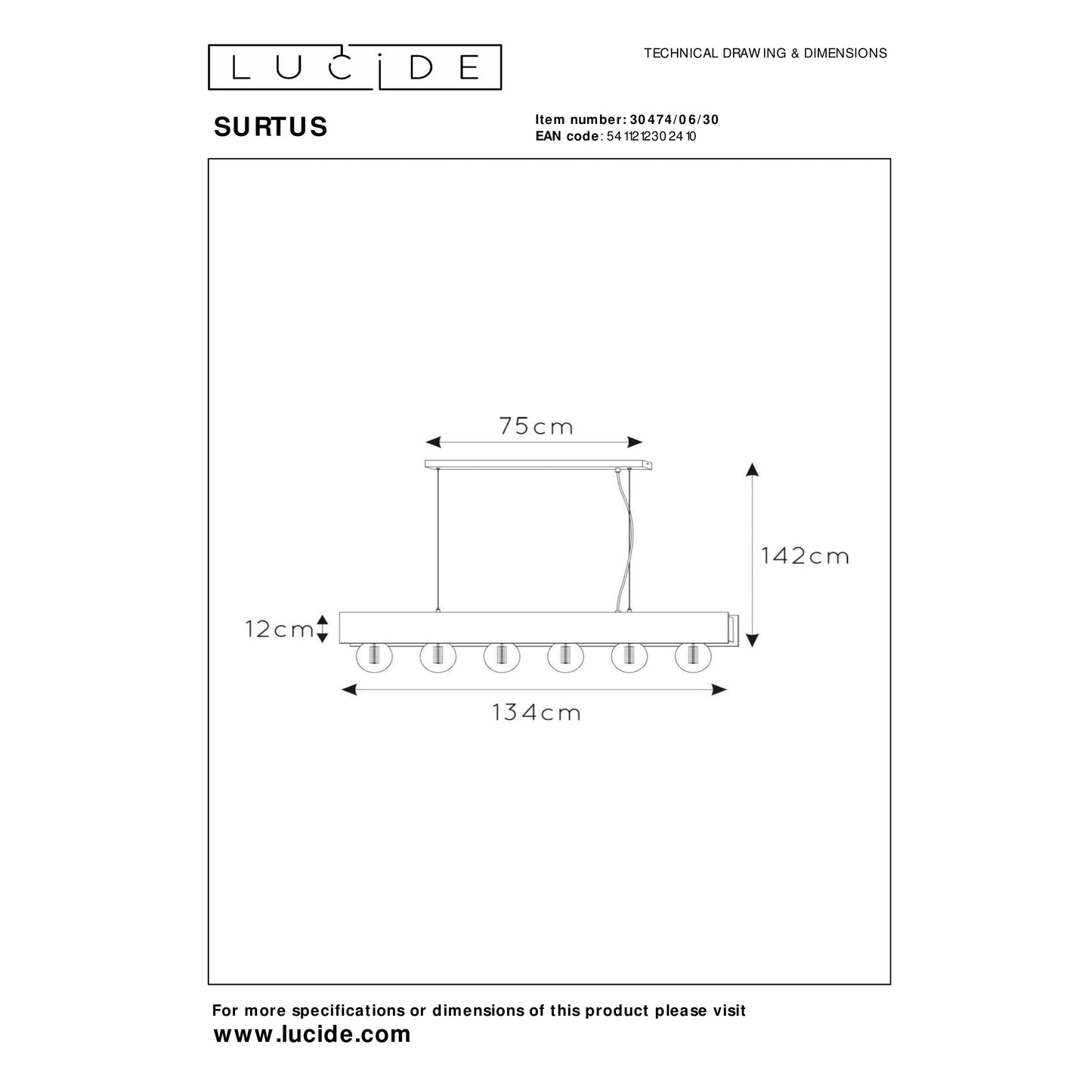 Lucide SURTUS - Pendant light - 6xE27 - Black