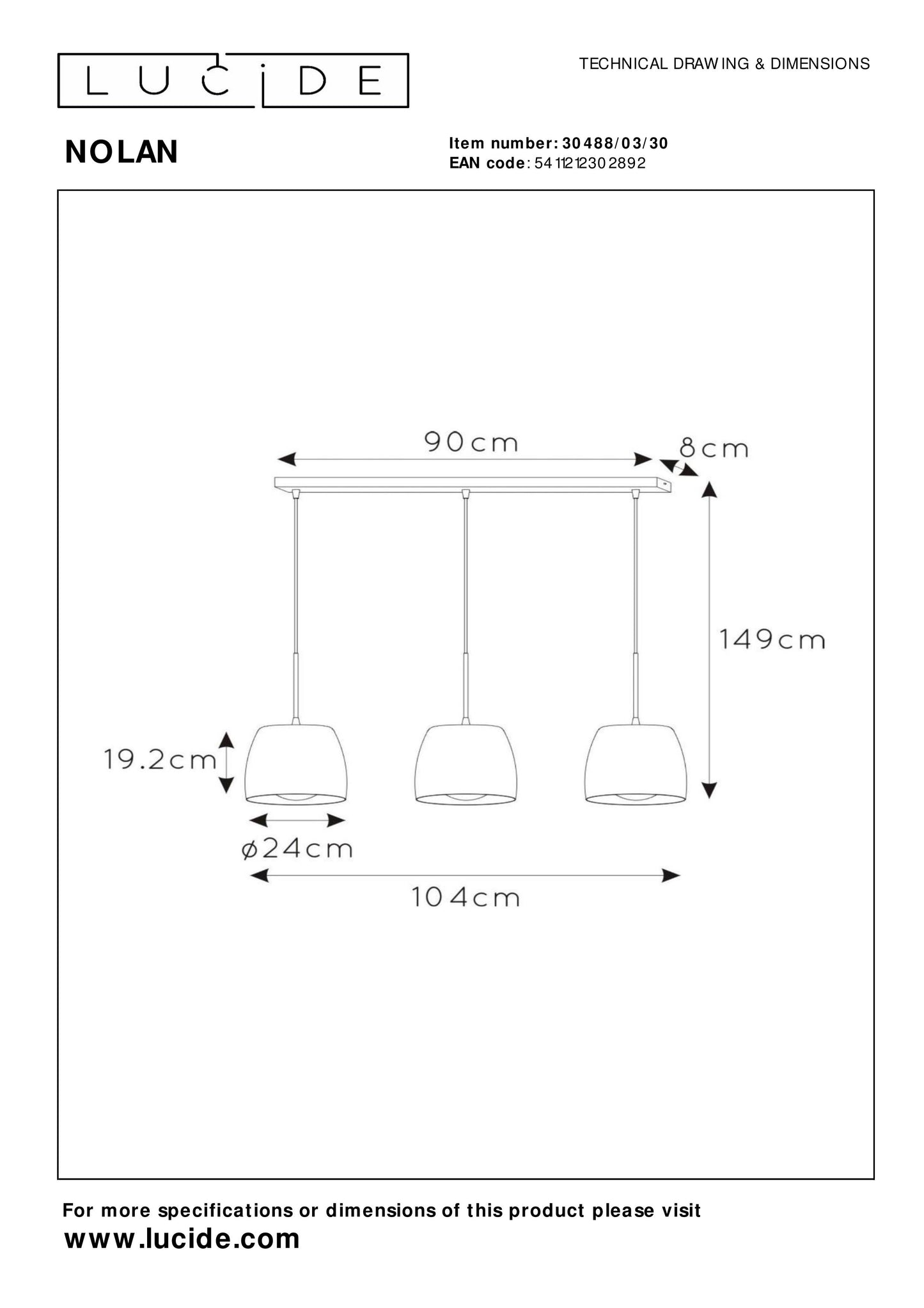 Lucide NOLAN - Pendant light - 3xE27 - Black