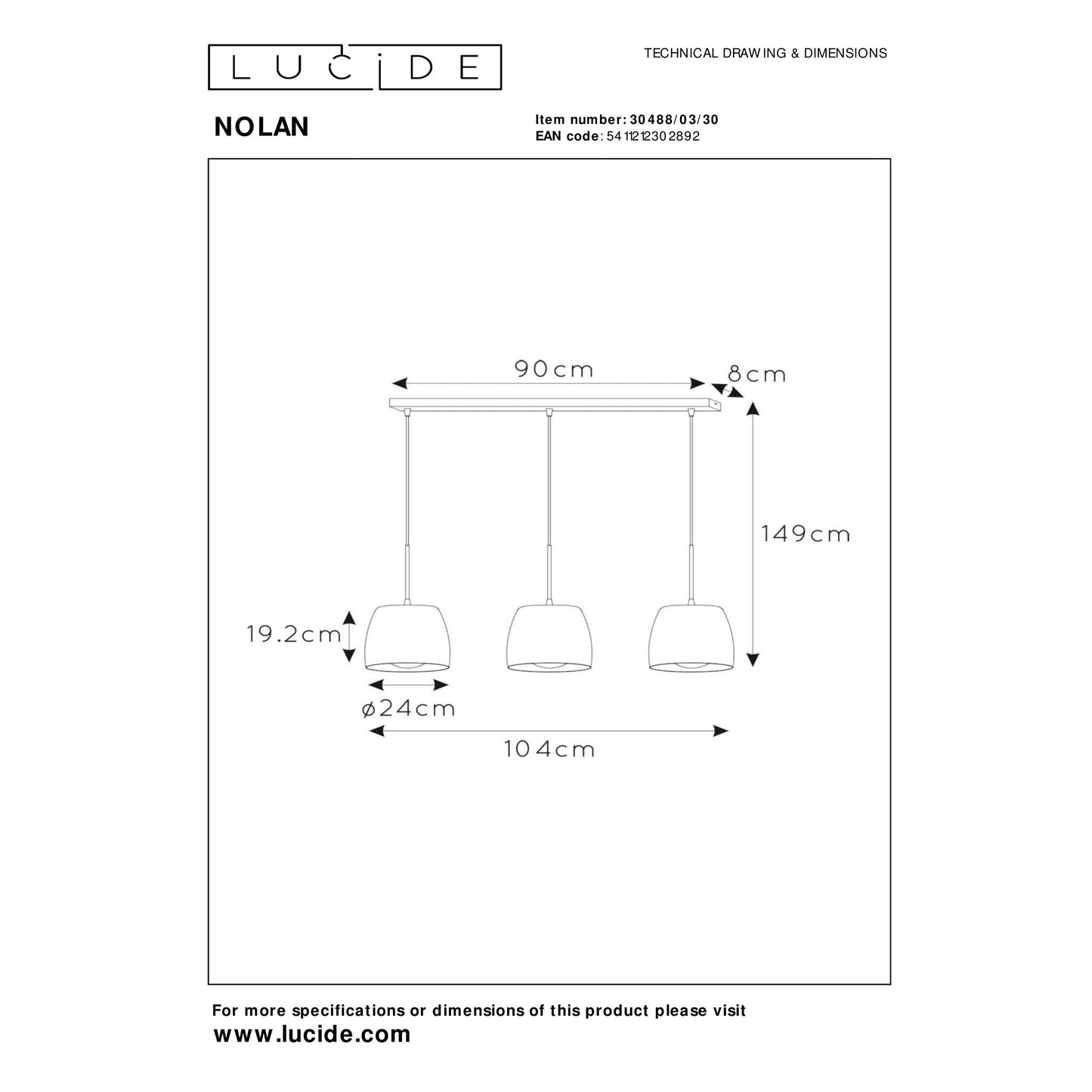 Lucide NOLAN - Pendant light - 3xE27 - Black