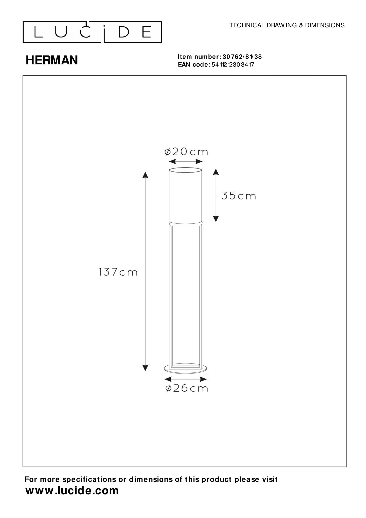 Lucide HERMAN - Floor lamp - Ø 26 cm - 1xE27 - Cream