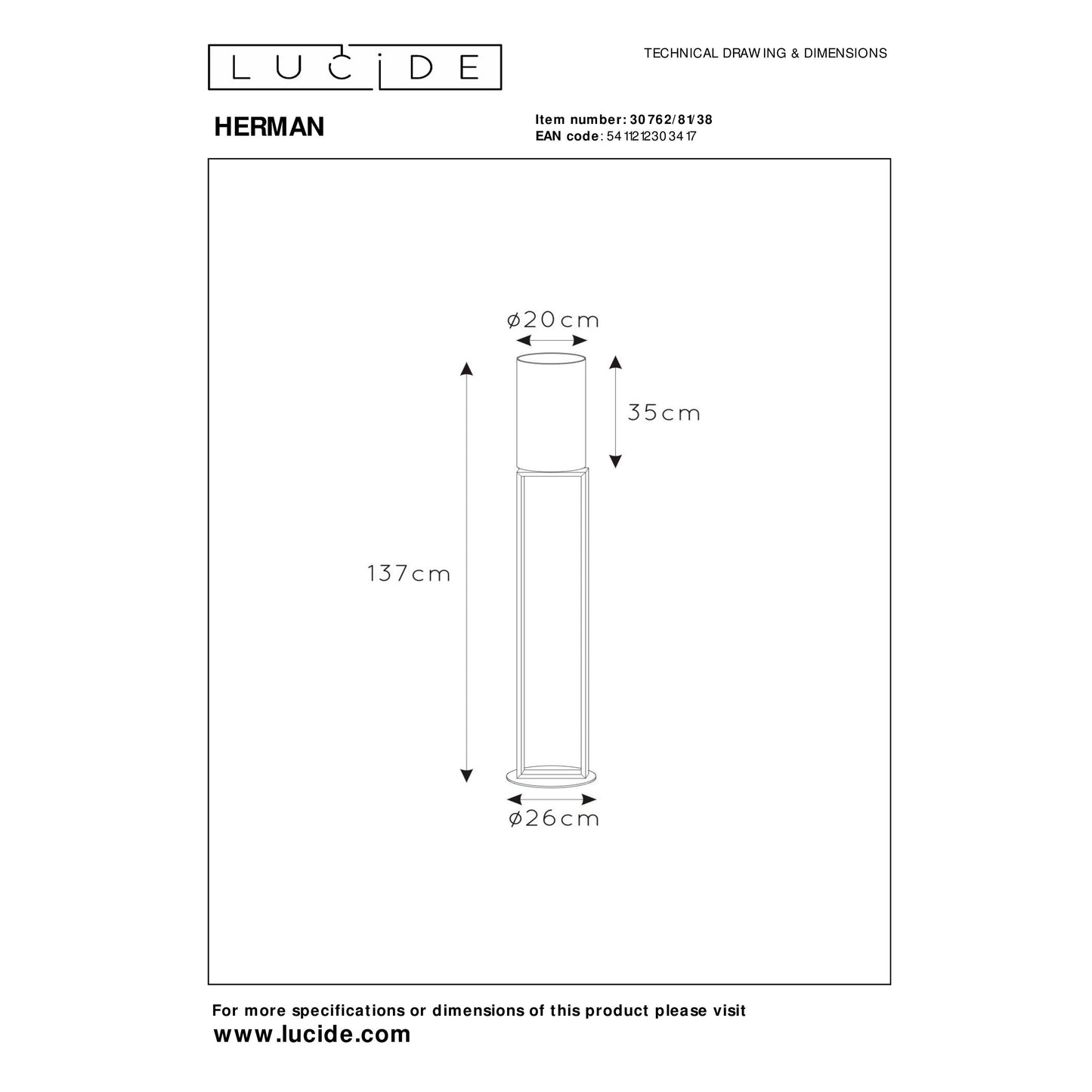 Lucide HERMAN - Floor lamp - Ø 26 cm - 1xE27 - Cream