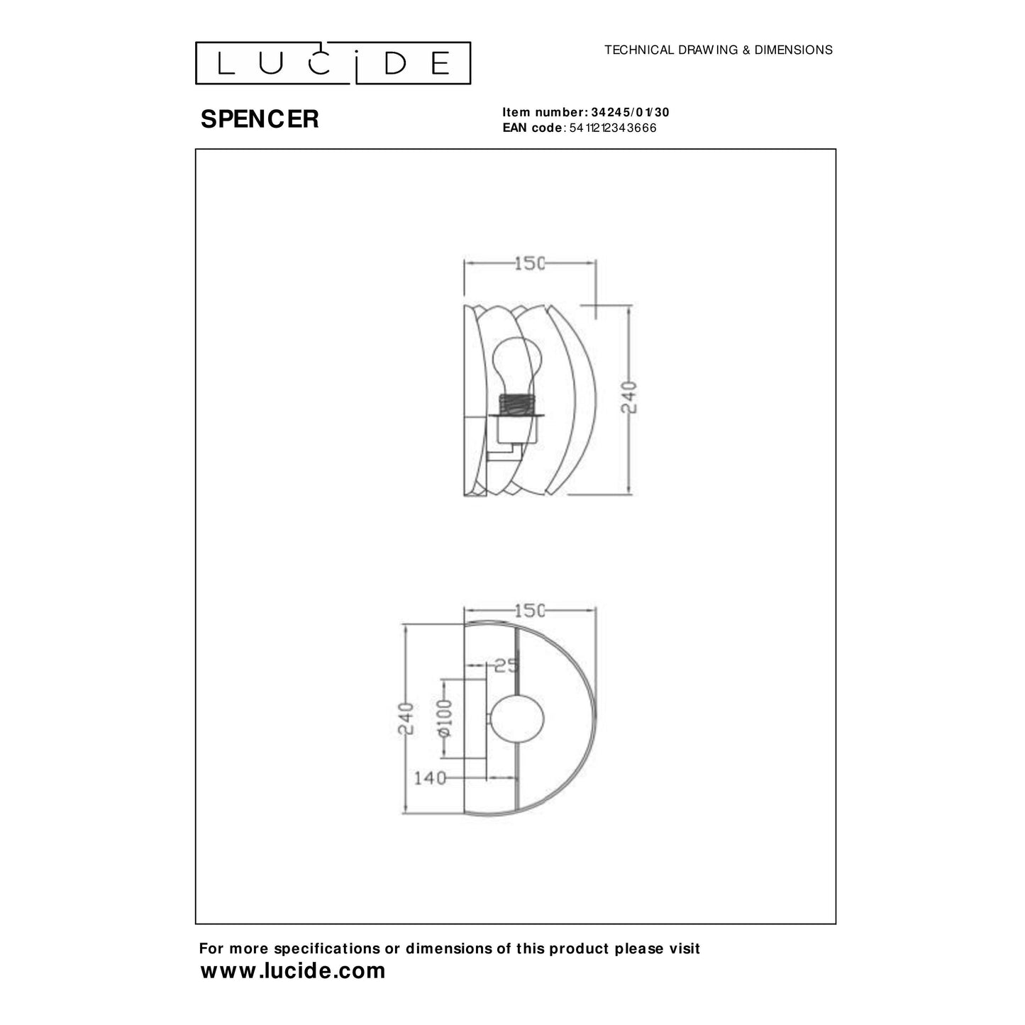 Lucide SPENCER - Wall light - 1xE27 - Black