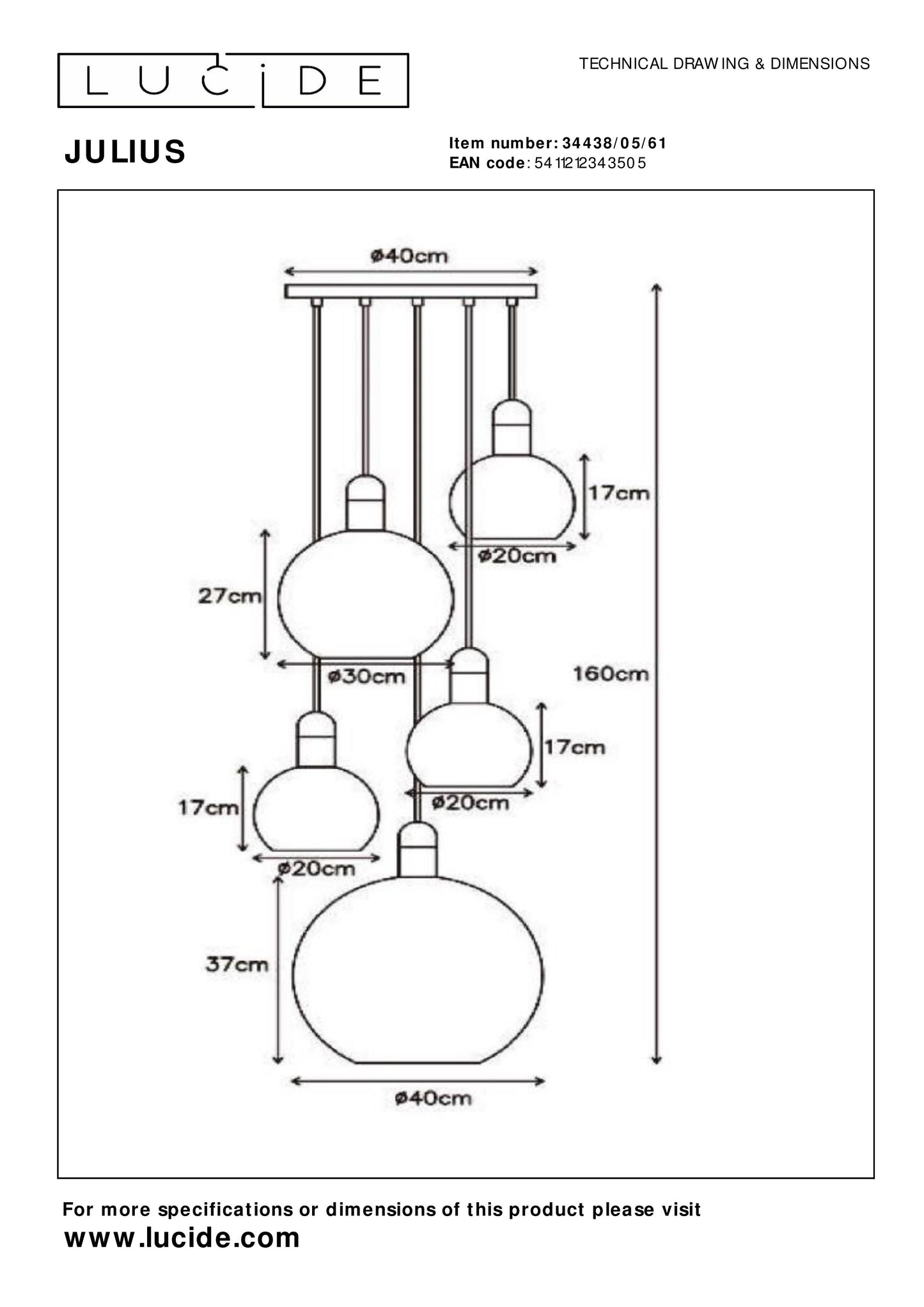 Lucide JULIUS - Pendant light - 5xE27 - Opal