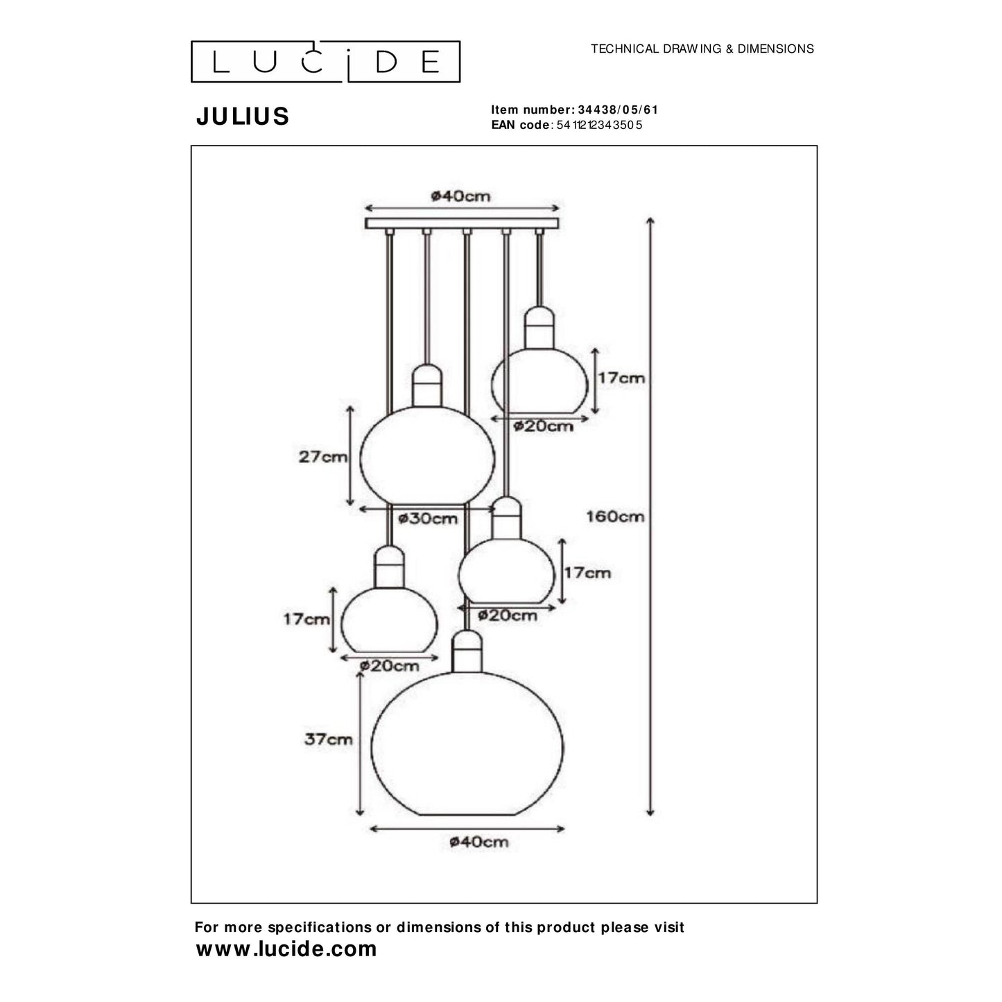 Lucide JULIUS - Pendant light - 5xE27 - Opal