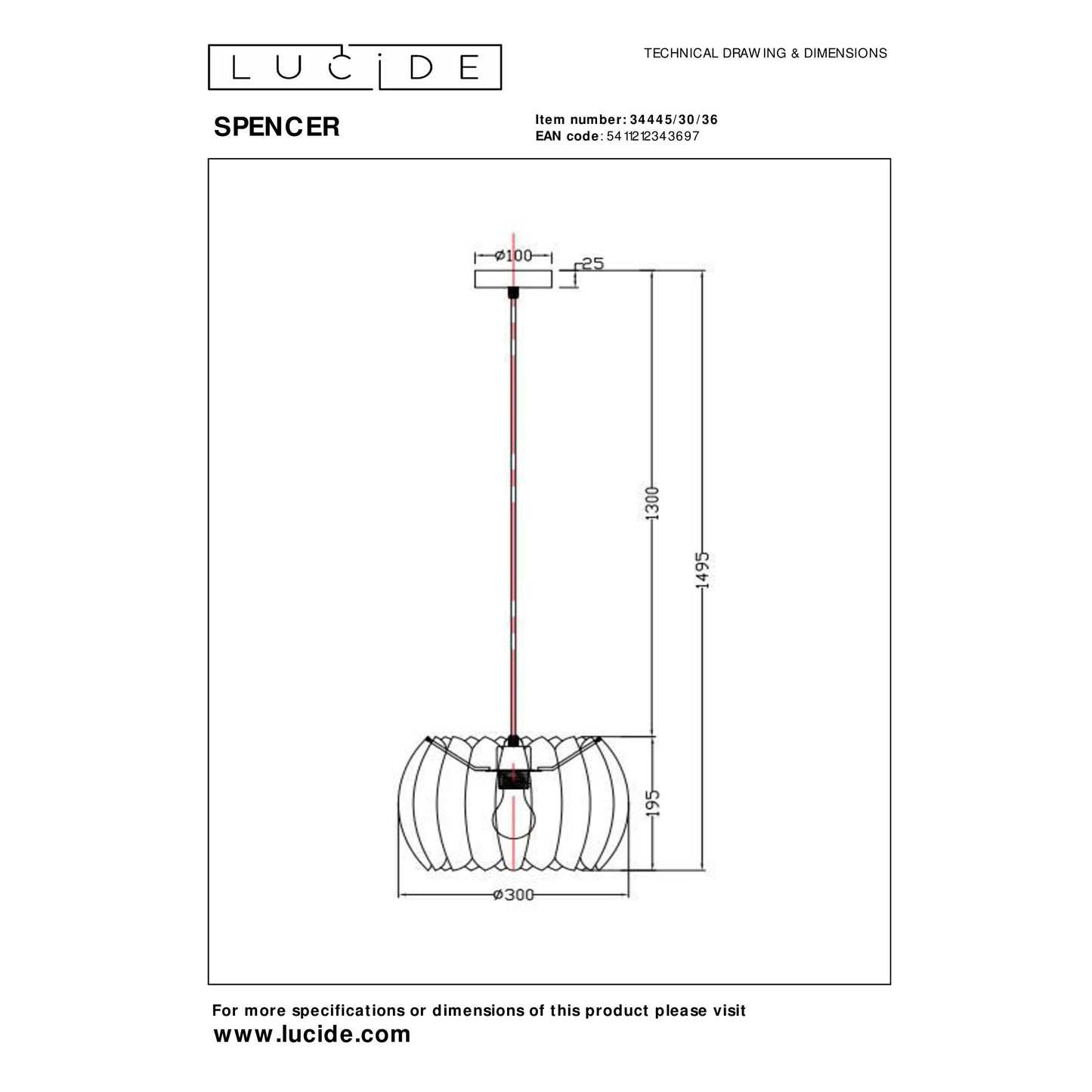 Lucide SPENCER - Pendant light - Ø 30 cm - 1xE27 - Grey