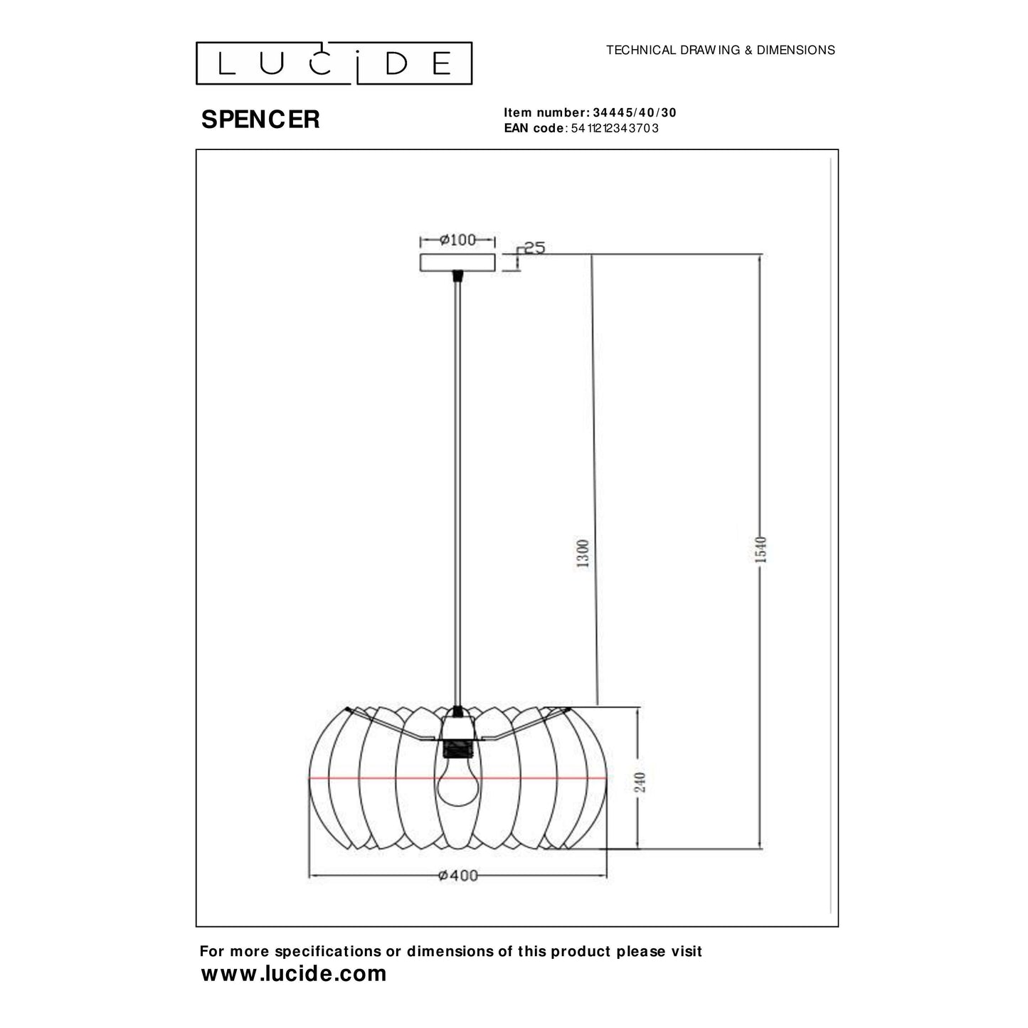 Lucide SPENCER - Pendant light - Ø 40 cm - 1xE27 - Black