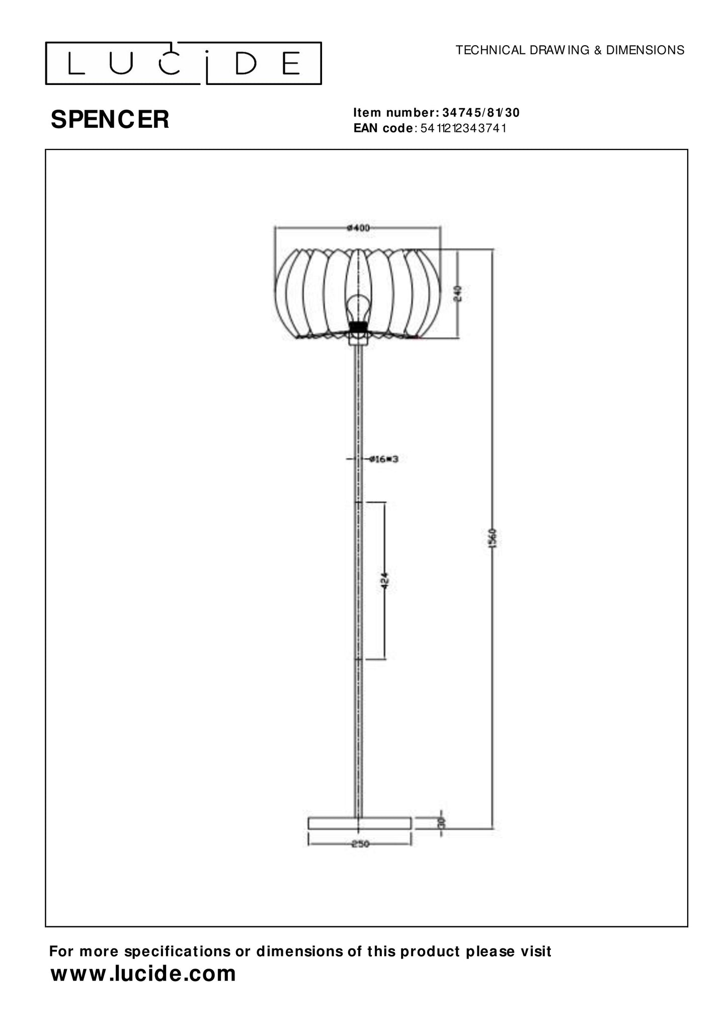 Lucide SPENCER - Floor lamp - Ø 40 cm - 1xE27 - Black