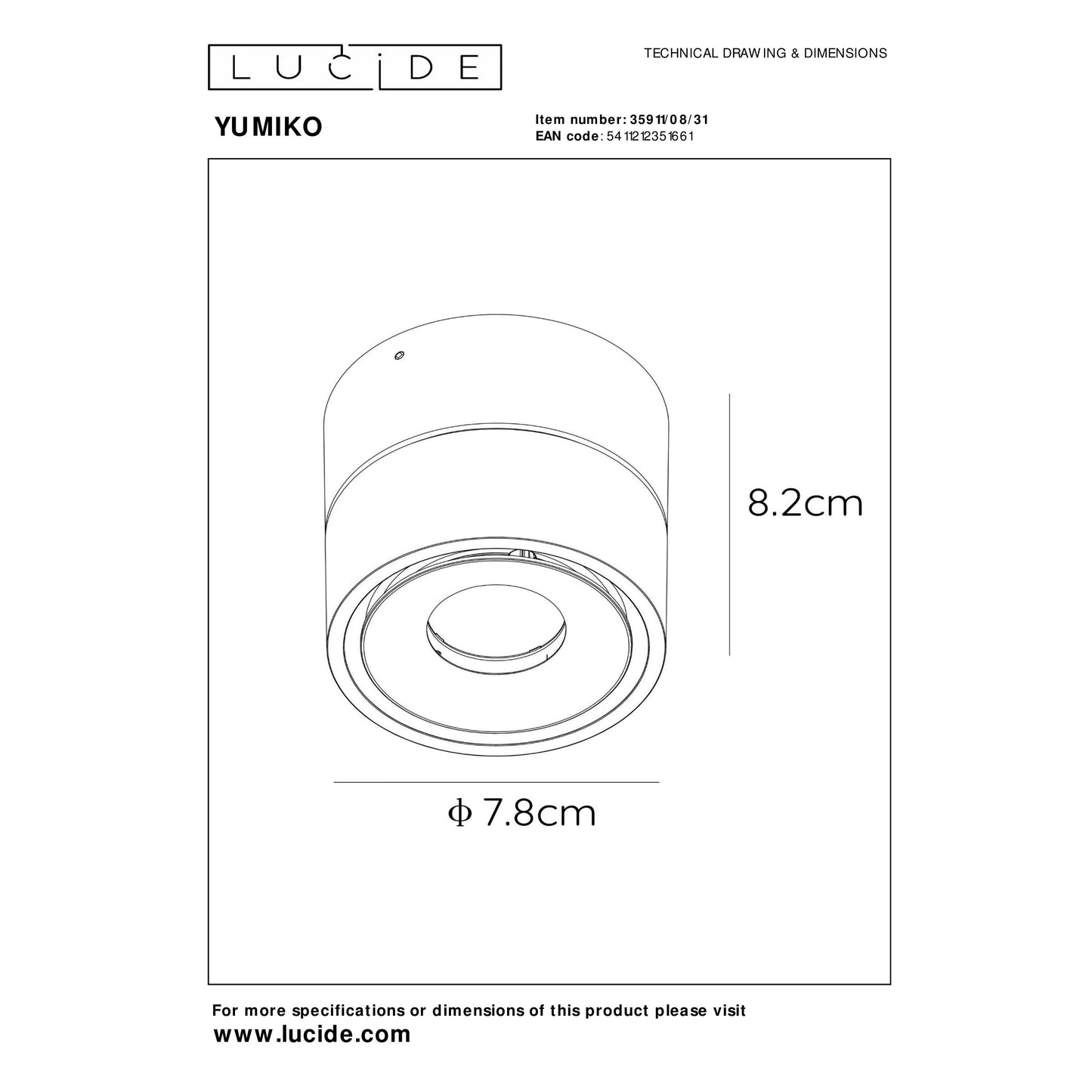 Lucide YUMIKO - Ceiling spotlight - Ø 7,8 cm - LED Dim. - 1x10W 2700K - White