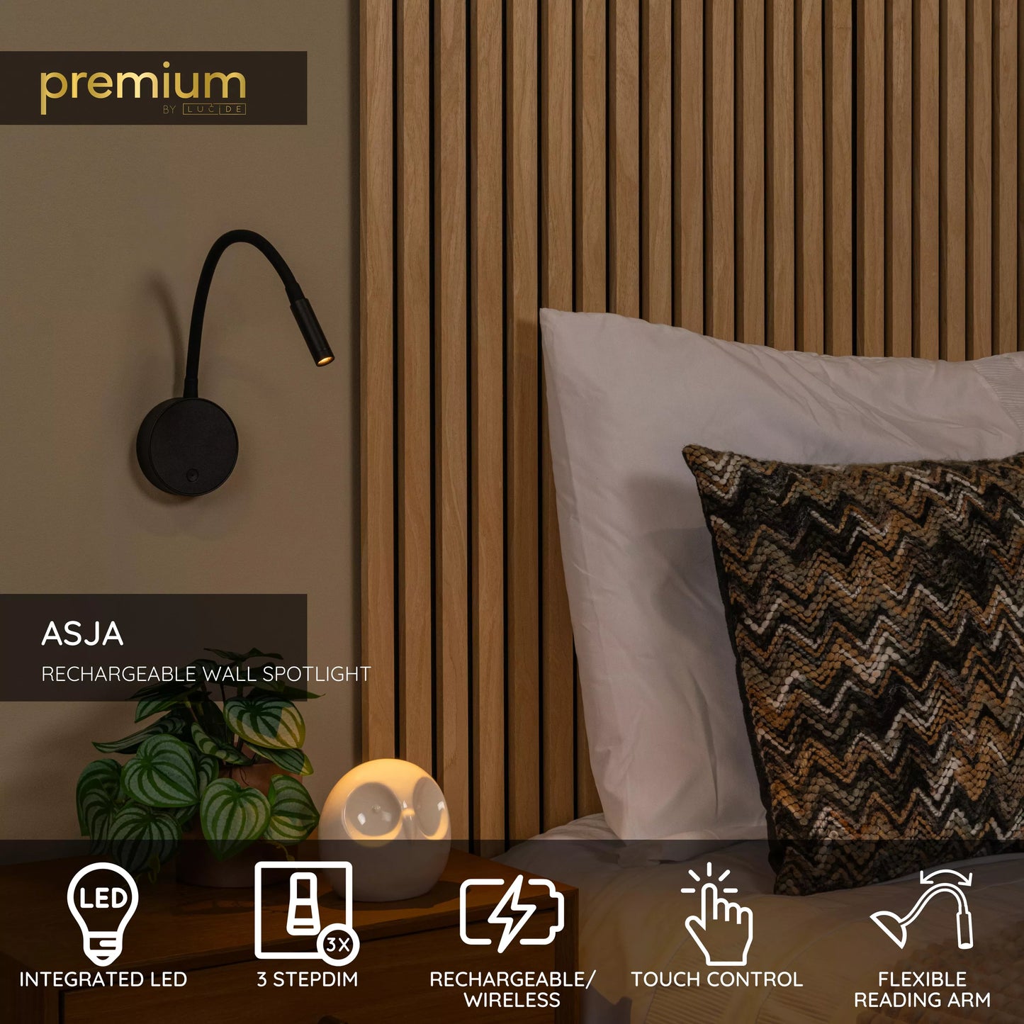 Lucide ASJA - Rechargeable Wall spotlight / Wall light - Battery pack- LED 3 StepDim - 1x3W 2700K - Black | Premium