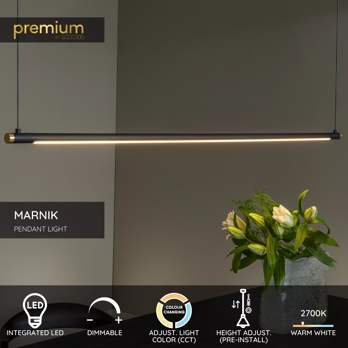 Lucide MARNIK - Pendant light - Ø 2,5 cm - LED Dim. - CCT - 1x22W 2700K/4000K - Hand Wave Sensor - Black | Premium