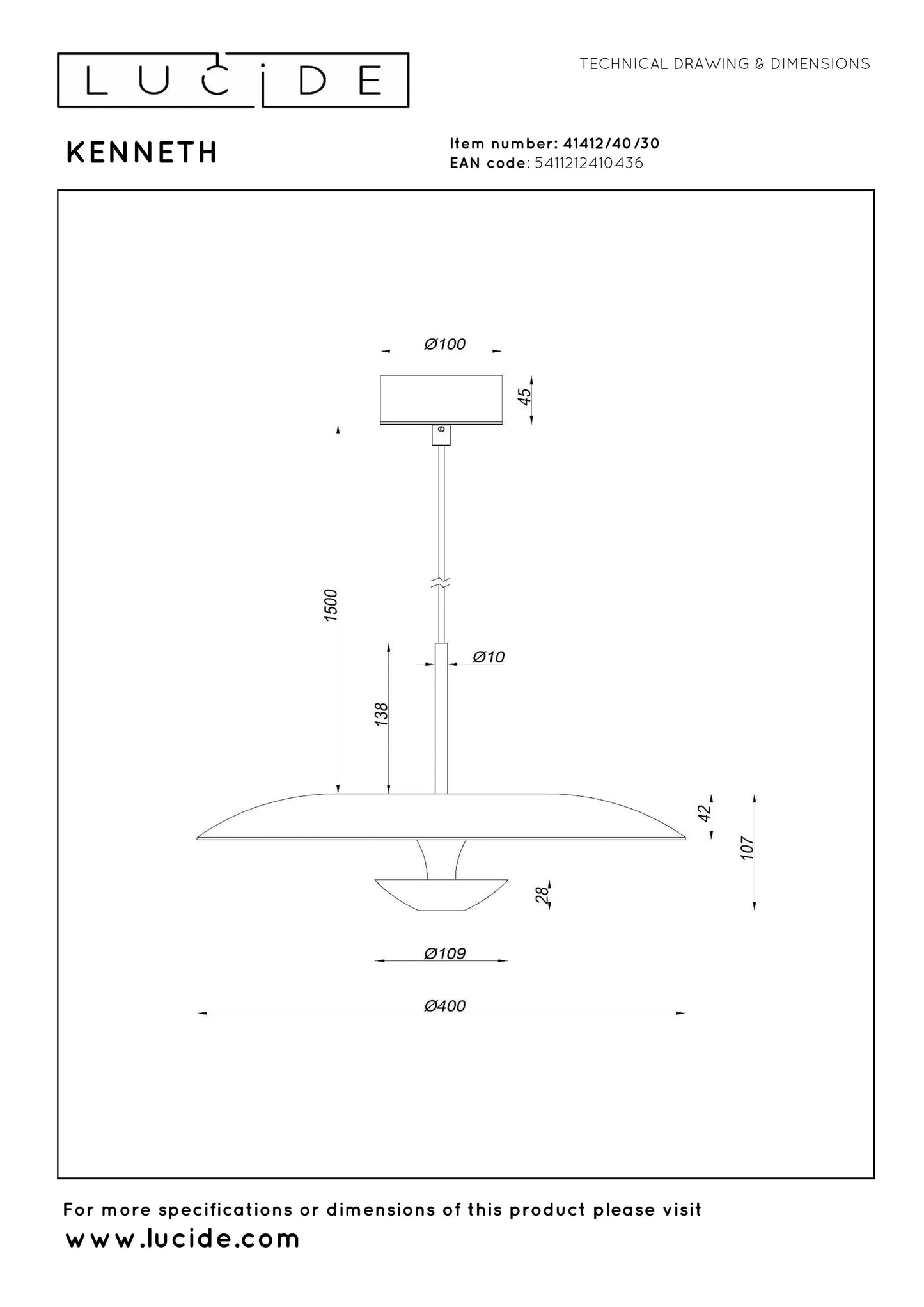 Lucide KENNETH - Pendant light - Ø 40 cm - LED Dim. - 1x12W 2700K - Black | Premium
