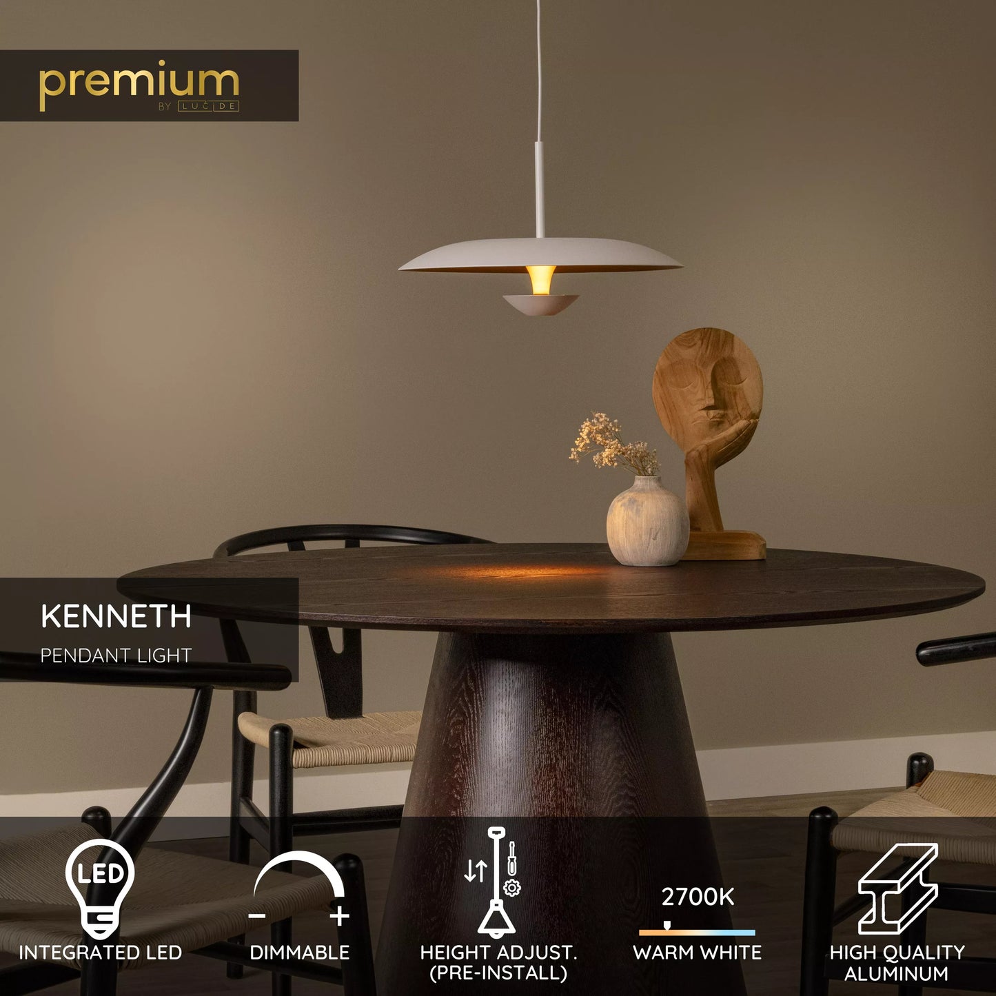 Lucide KENNETH - Pendant light - Ø 40 cm - LED Dim. - 1x12W 2700K - White | Premium