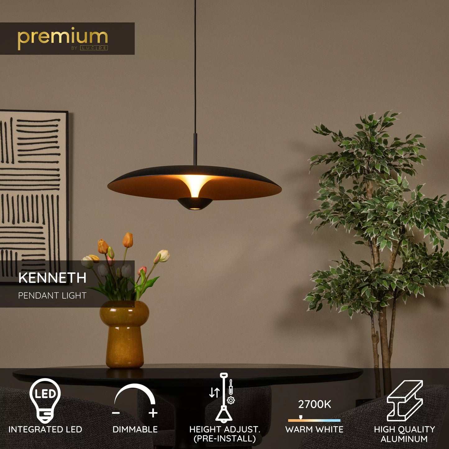 Lucide KENNETH - Pendant light - Ø 60 cm - LED Dim. - 1x12W 2700K - Black | Premium