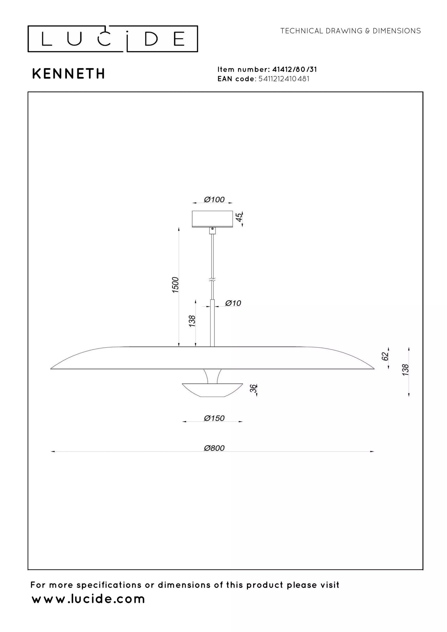 Lucide KENNETH - Pendant light - Ø 80 cm - LED Dim. - 1x22W 2700K - White | Premium
