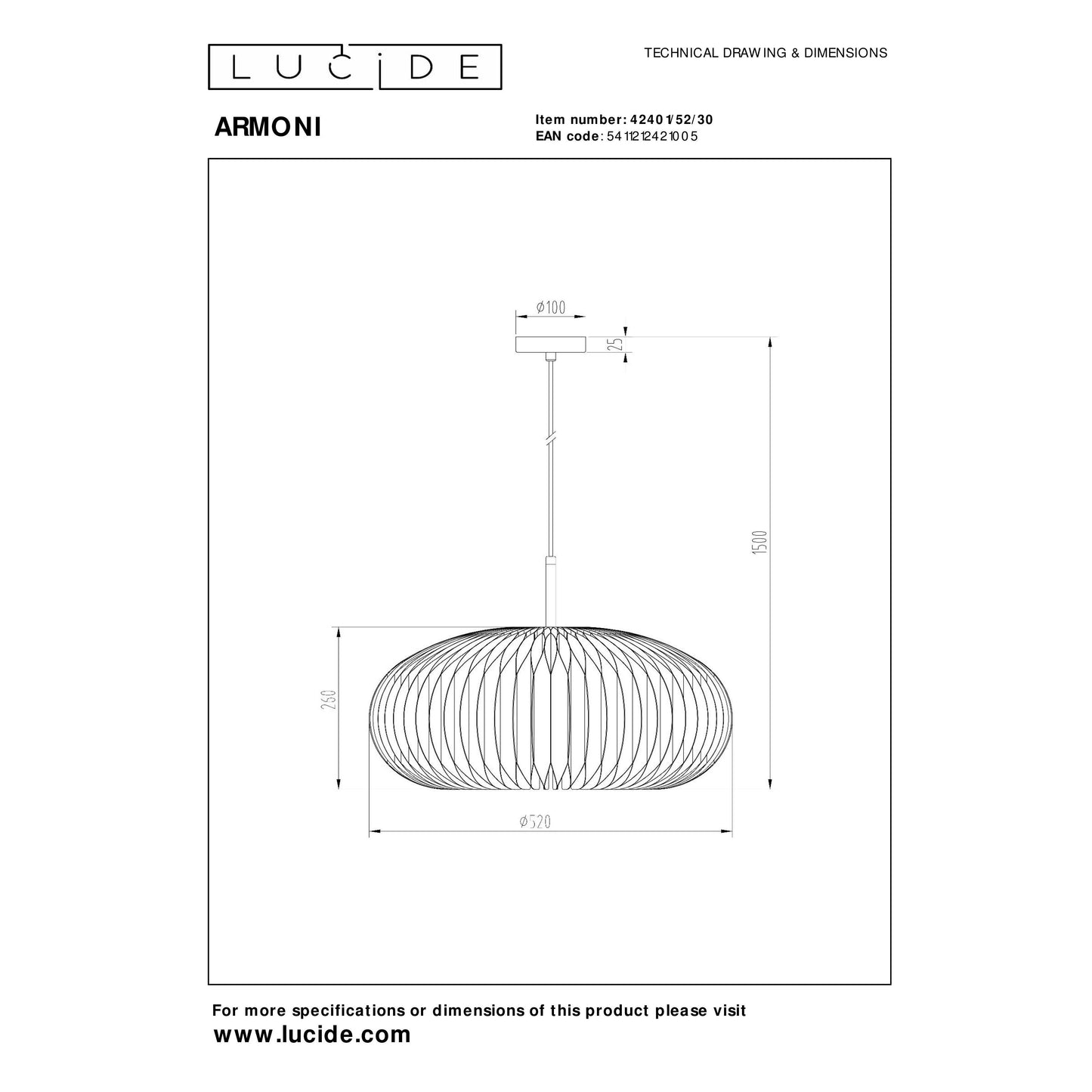 Lucide ARMONI - Pendant light - Ø 52 cm - 1xE27 - Black