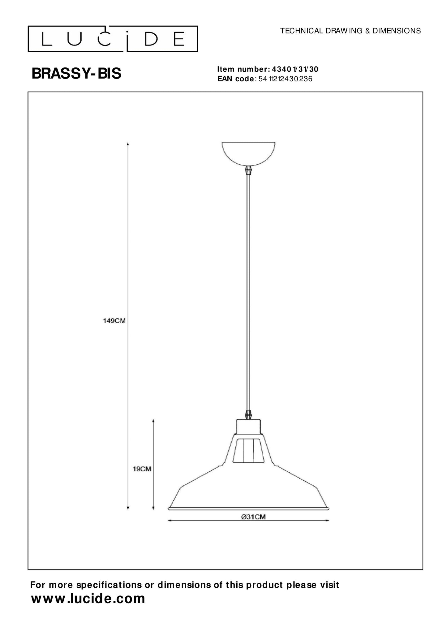 Lucide BRASSY-BIS - Pendant light - Ø 31 cm - 1xE27 - Black