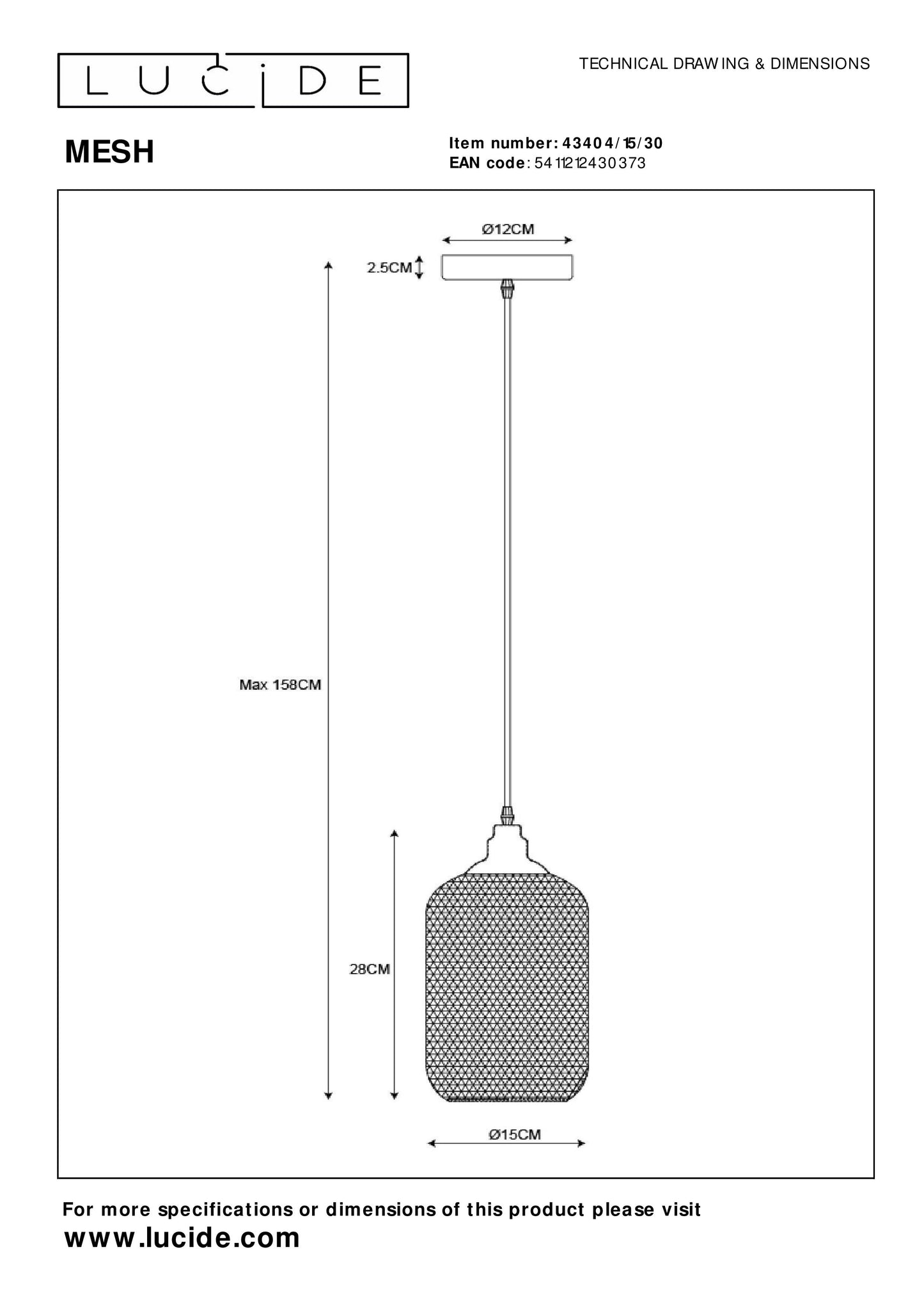 Lucide MESH - Pendant light - Ø 15 cm - 1xE27 - Black