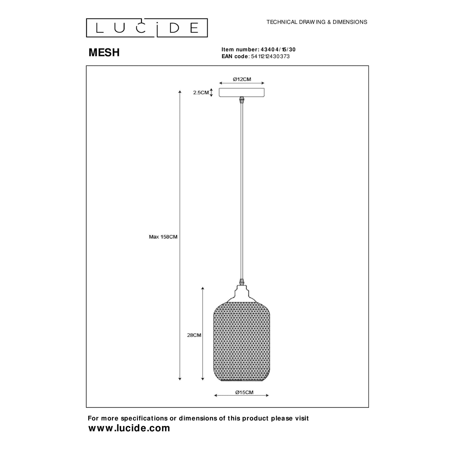 Lucide MESH - Pendant light - Ø 15 cm - 1xE27 - Black