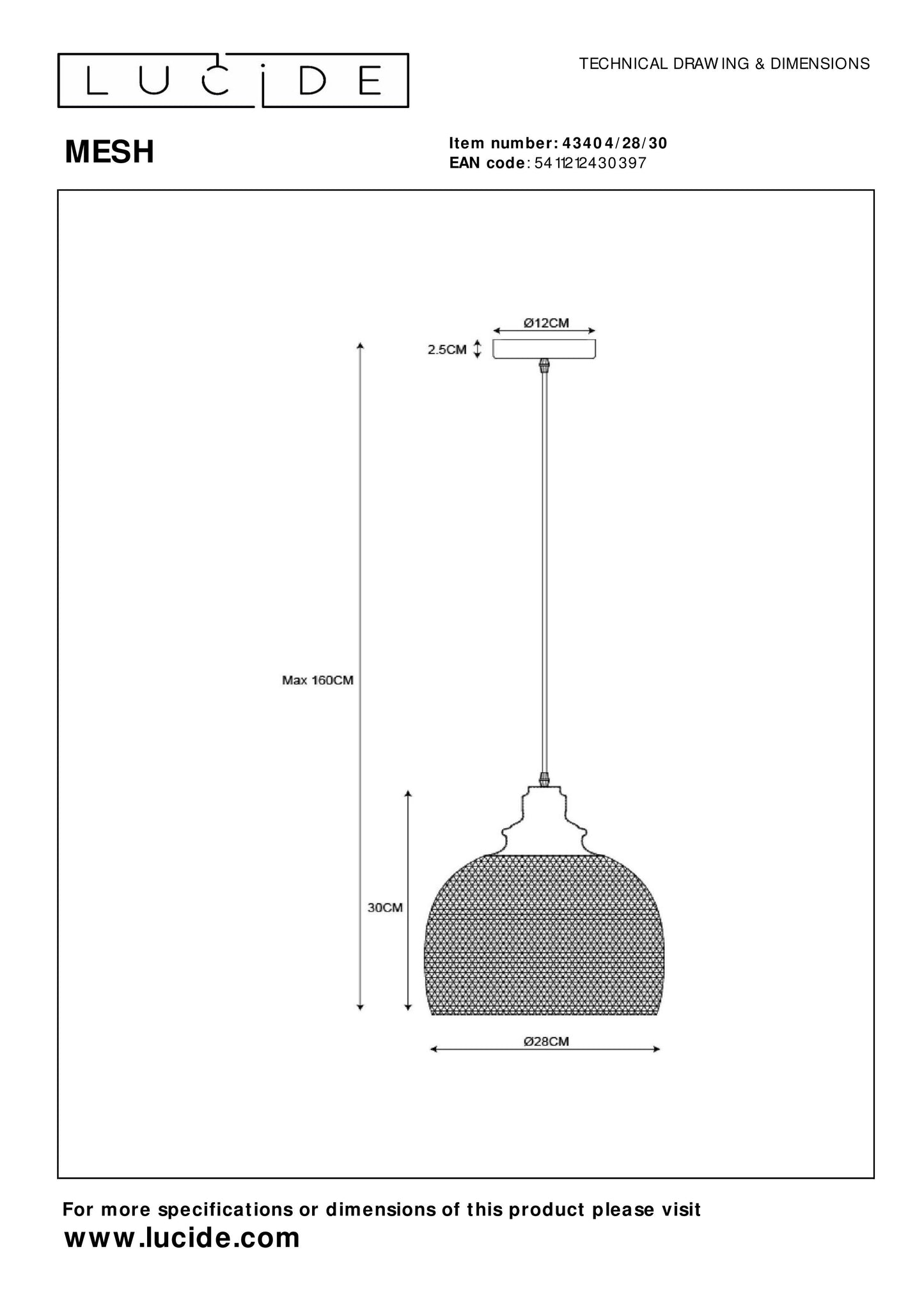 Lucide MESH - Pendant light - Ø 28 cm - 1xE27 - Black