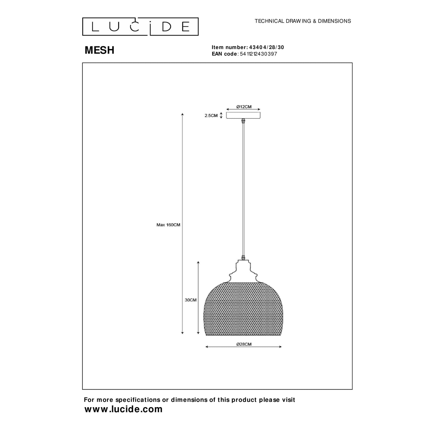 Lucide MESH - Pendant light - Ø 28 cm - 1xE27 - Black