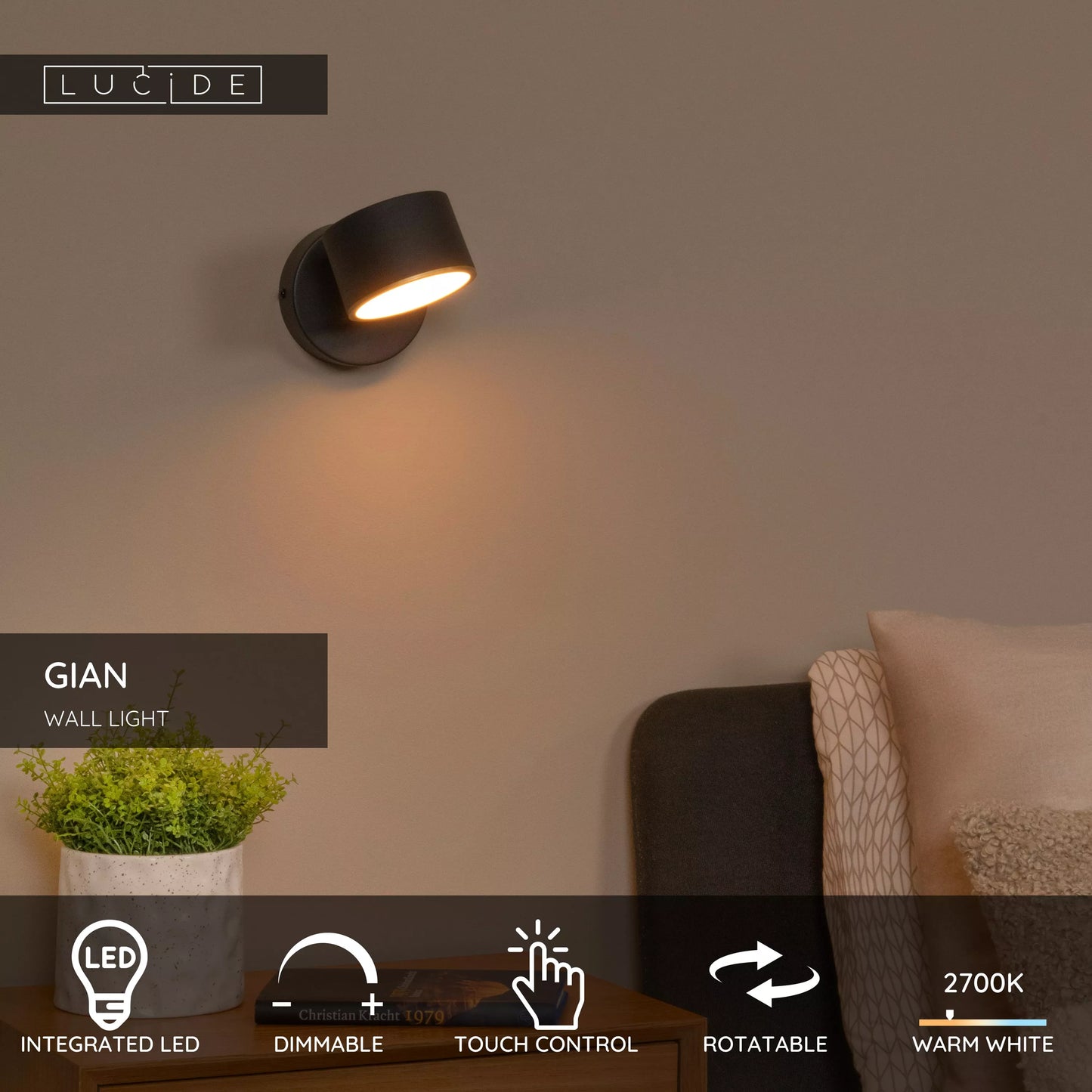 Lucide GIAN - Wall light - LED Dim. - 1x9W 2700K - Black