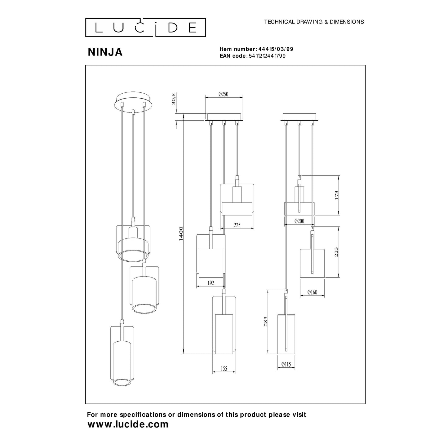 Lucide NINJA - Pendant light - 3xE27 - Multicolor