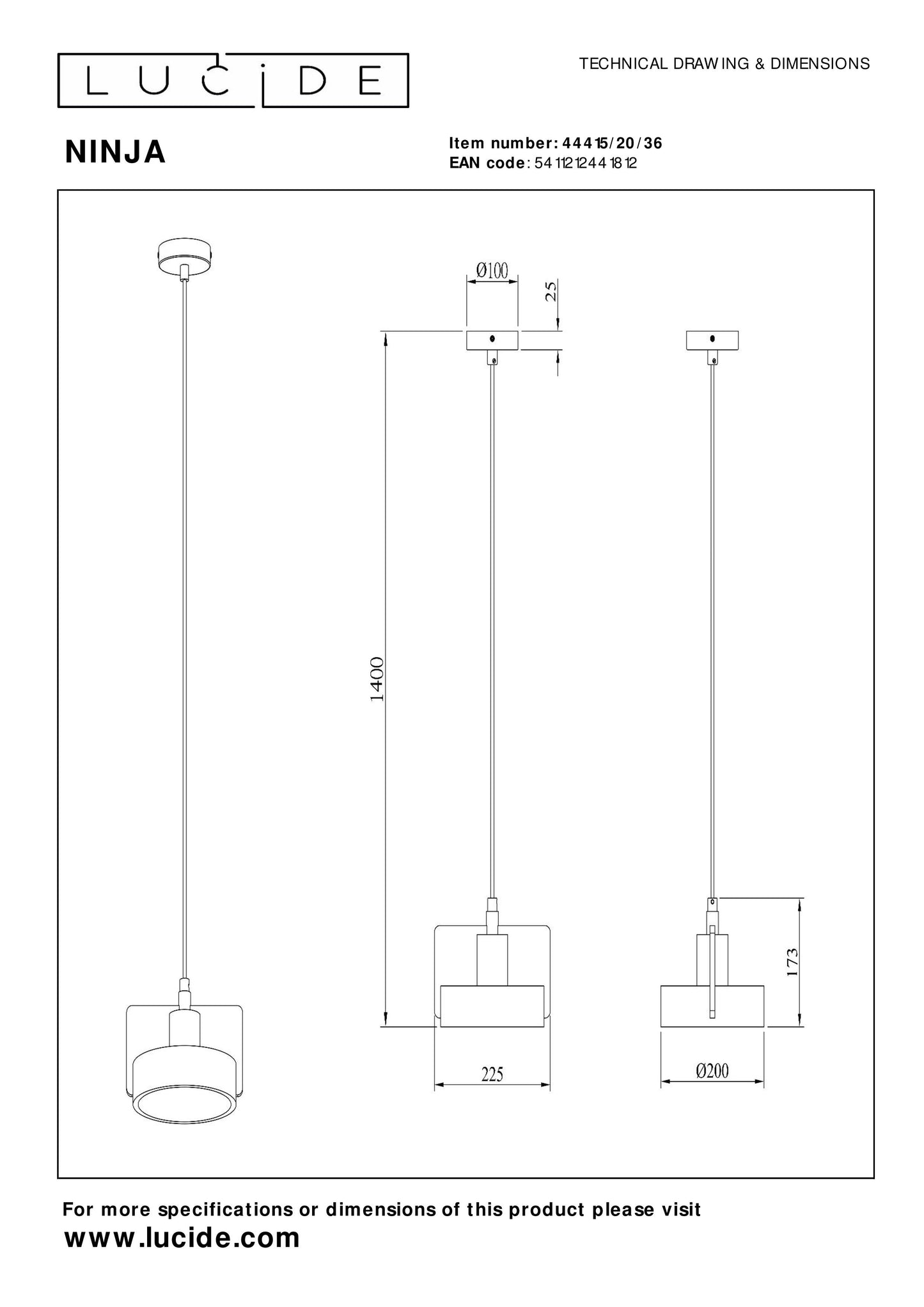 Lucide NINJA - Pendant light - 1xE27 - Grey